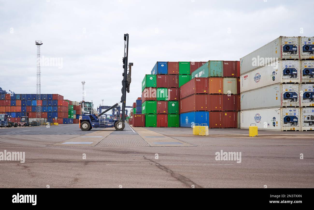Shipping containers stored at Felixstowe Docks, Suffolk, UK Stock Photo