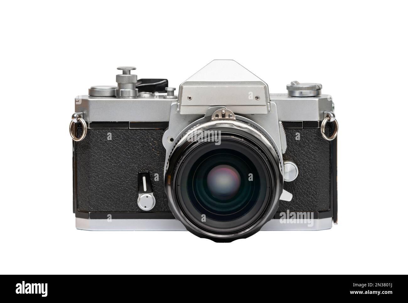 Front view of generic 1970s 35mm Single Lens Reflex camera Stock Photo