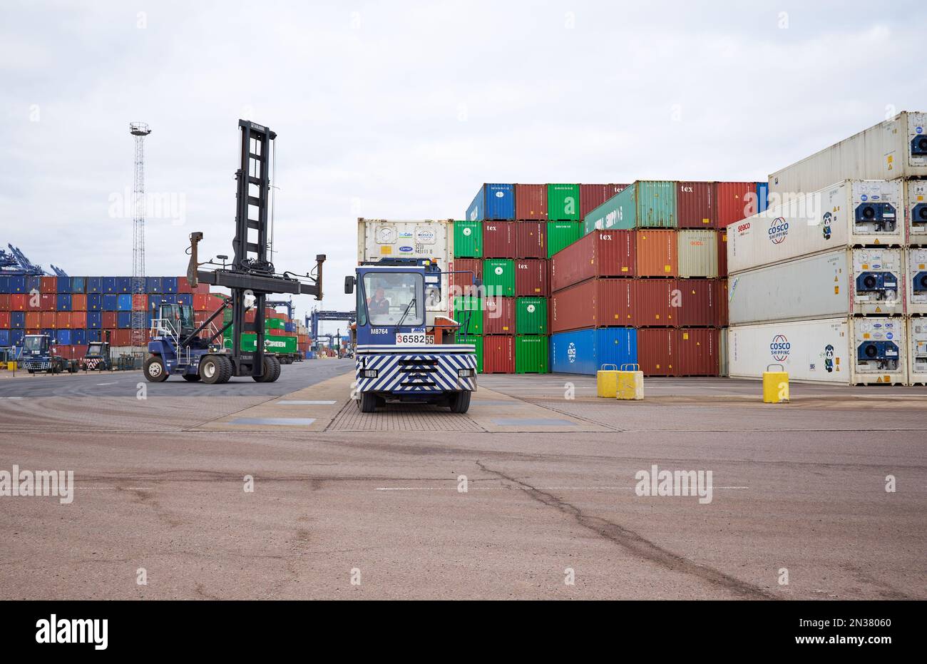 Shipping containers stored at Felixstowe Docks, Suffolk, UK Stock Photo