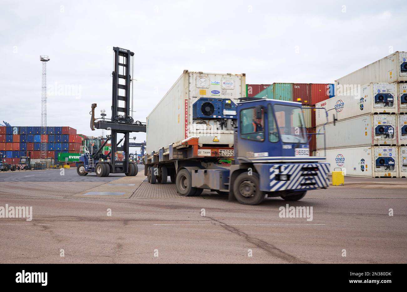 Shipping containers stored at Felixstowe Docks, Suffolk, UK Stock Photo