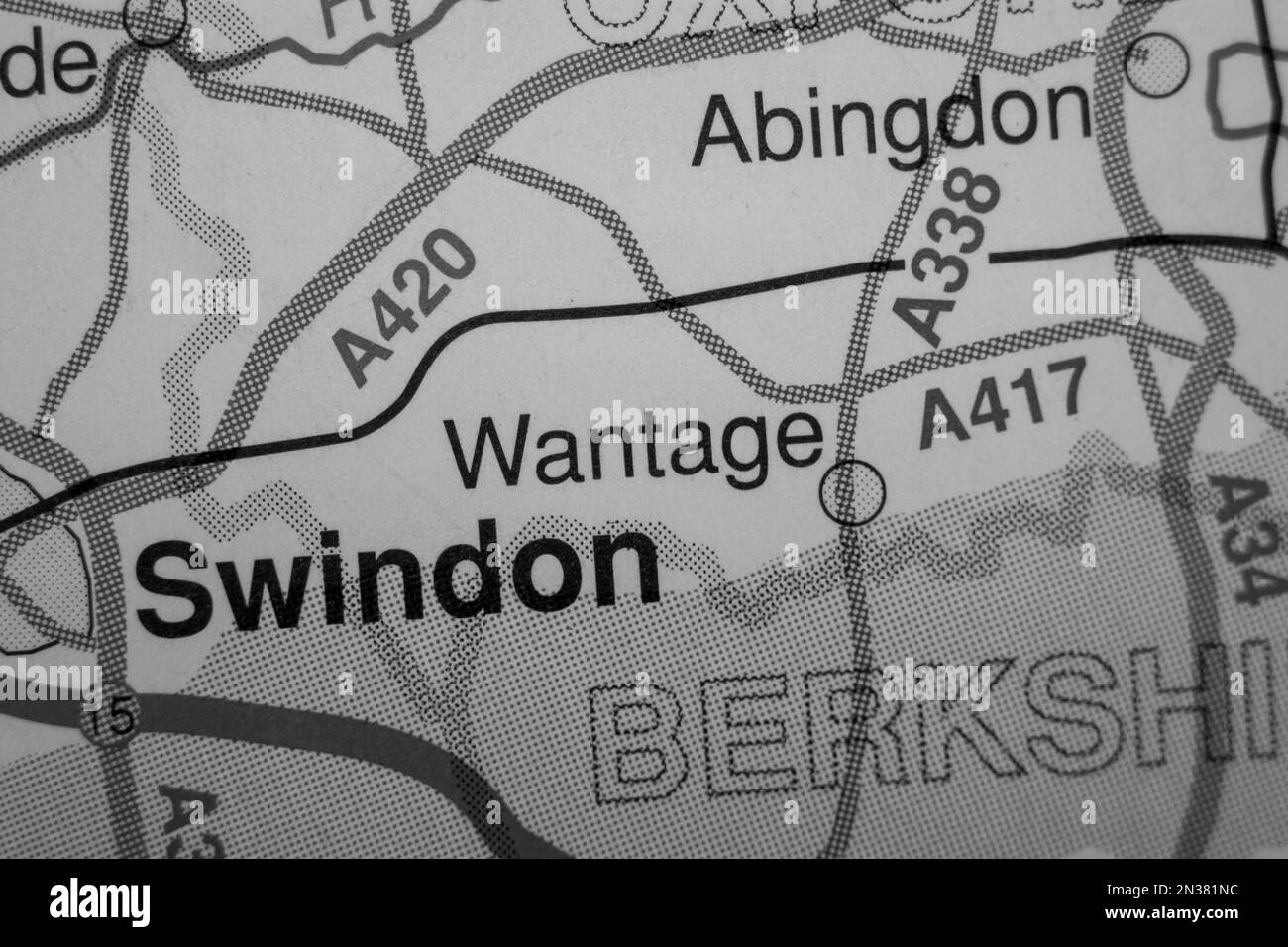 Wantage, United Kingdom atlas map town name black and white Stock