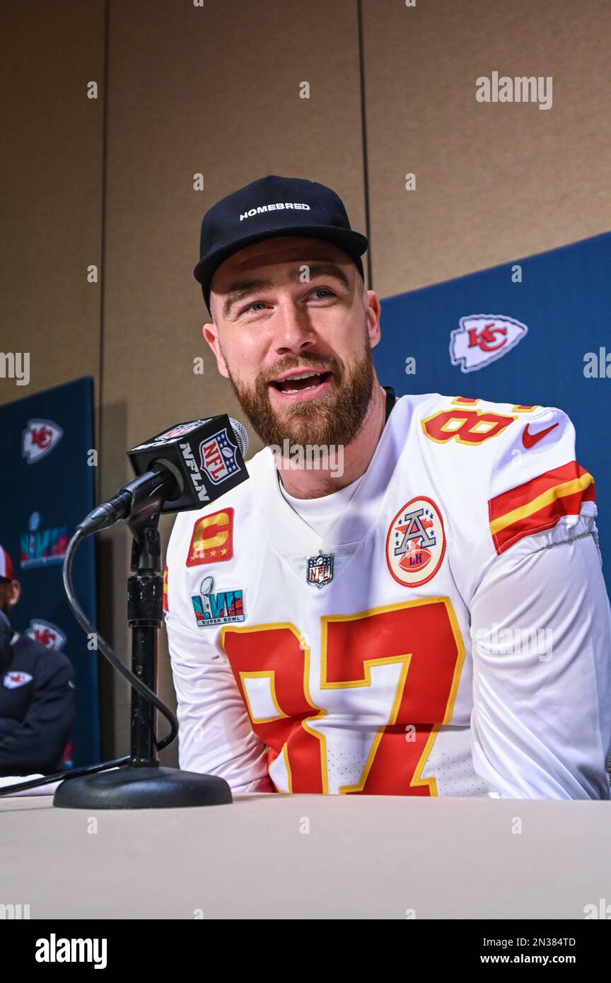 Phoenix, USA. 07th Feb, 2023. Kansas City Chiefs defensive end Carlos Dunlap  speaks to members of the media during the Kansas City Chiefs media  availability ahead of Super Bowl LVII at the