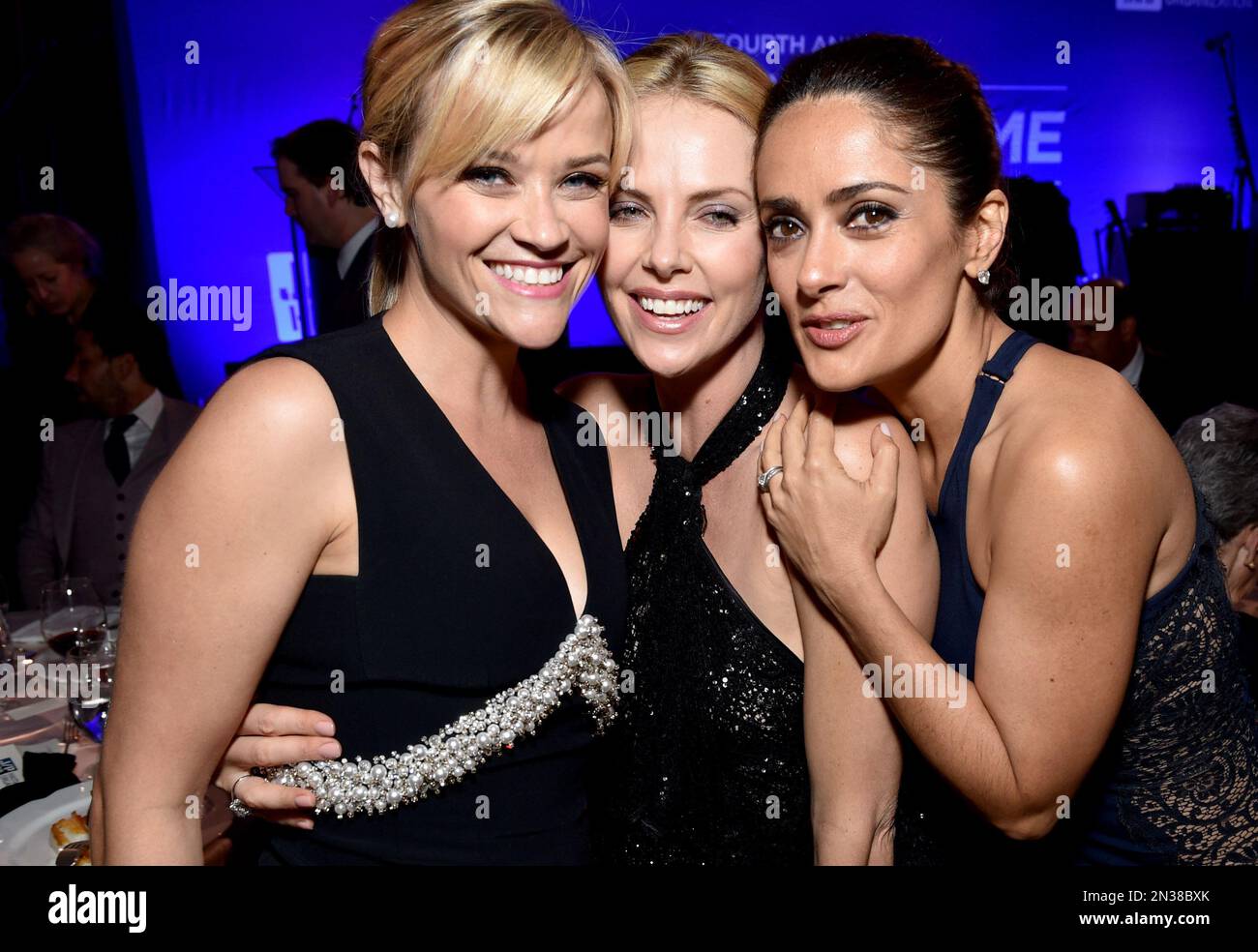 From left, Reese Witherspoon, Charlize Theron and Salma Hayek are seen
