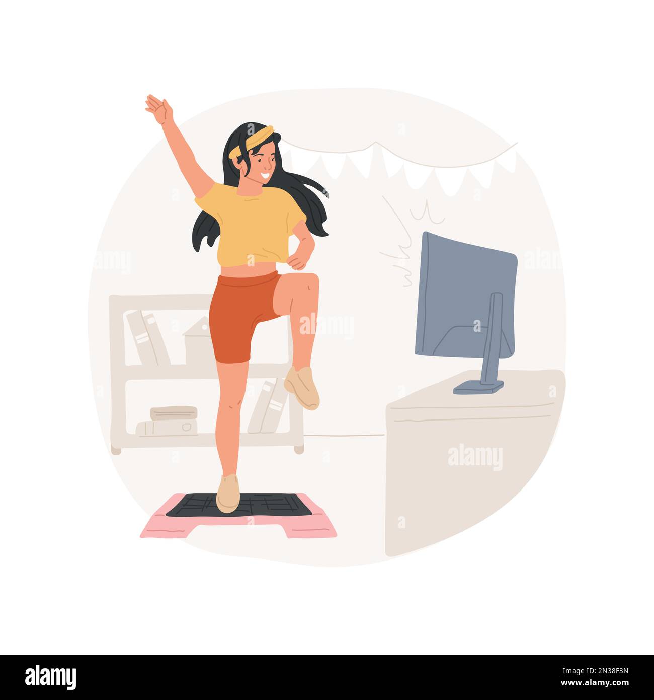 Step aerobics isolated cartoon vector illustration. Sporty young woman doing step aerobics using online lessons, people active lifestyle during pandemic, physical activity vector cartoon. Stock Vector