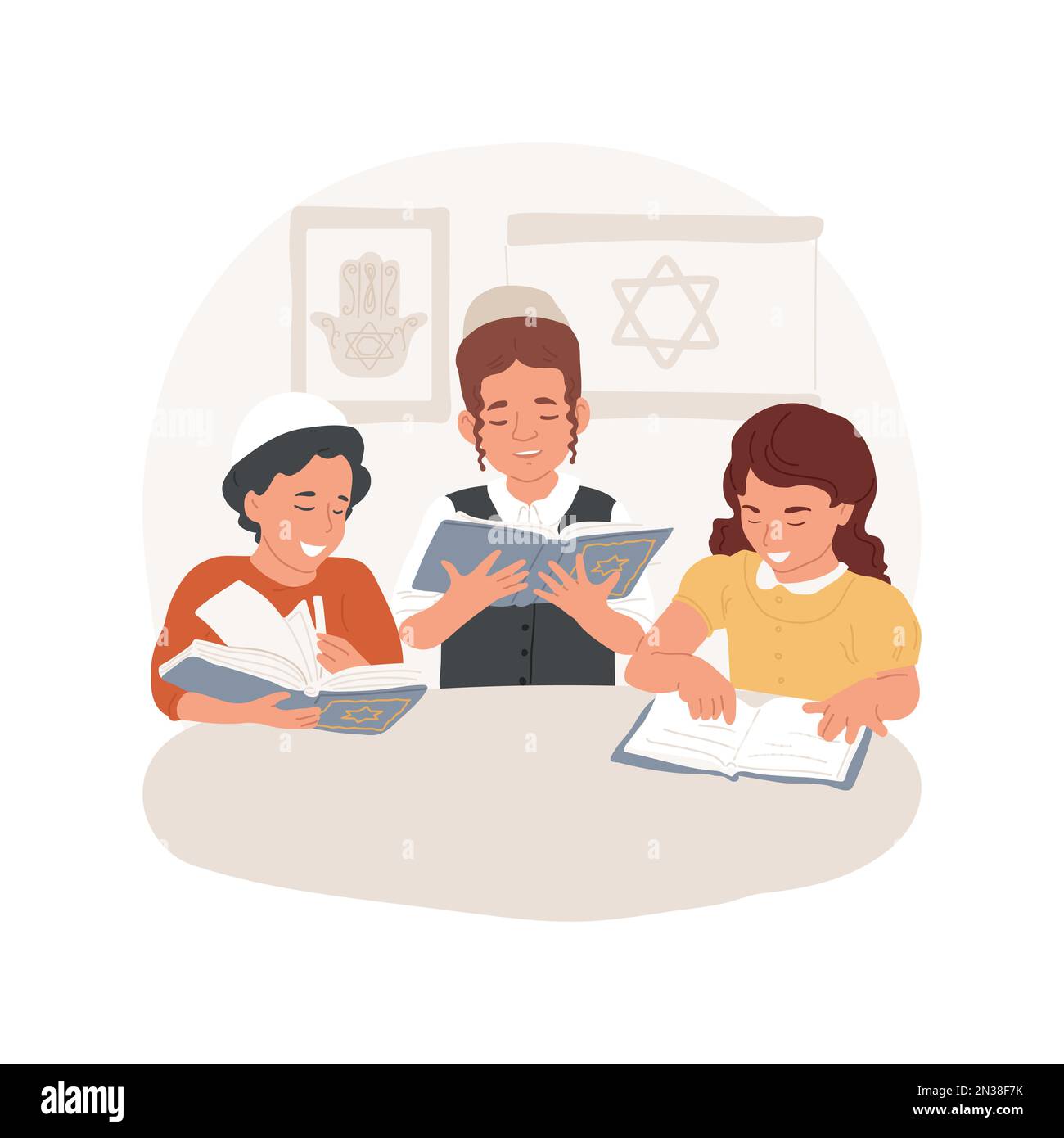 Torah study isolated cartoon vector illustration. Jewish children studying Torah together, religious Holy days, Judaism observances, old culture traditions and practices vector cartoon. Stock Vector