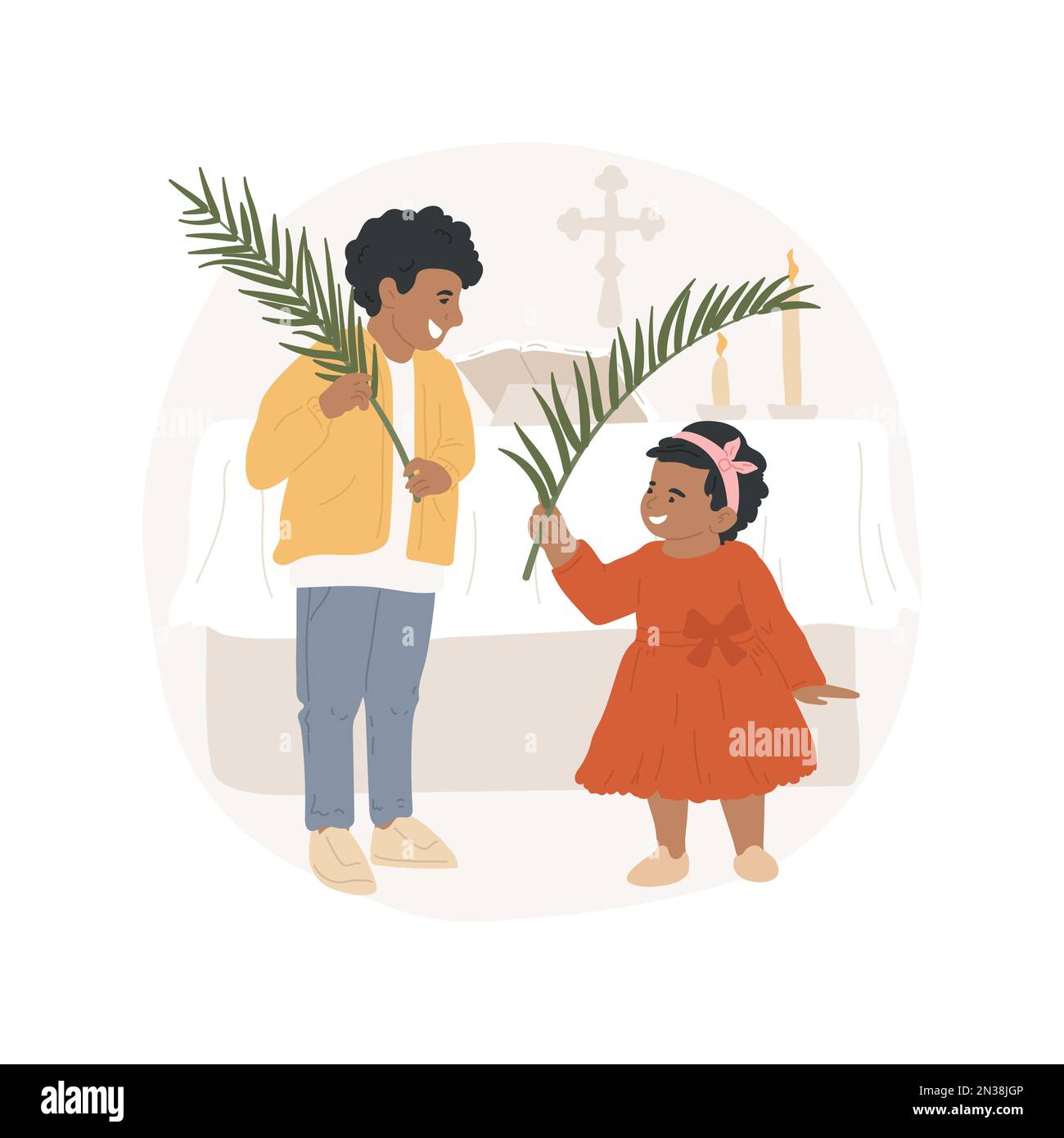 Palm Sunday isolated cartoon vector illustration. Children adhering to Palm Sunday celebration tradition, holding palm branches, religious festivals, holy days in the church vector cartoon. Stock Vector