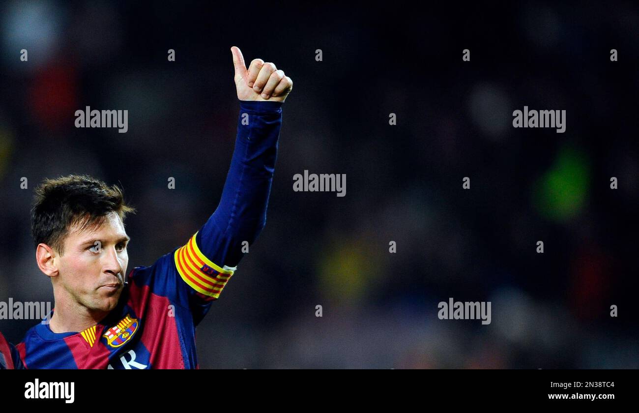 FC Barcelona's Lionel Messi, from Argentina, gestures after scoring ...