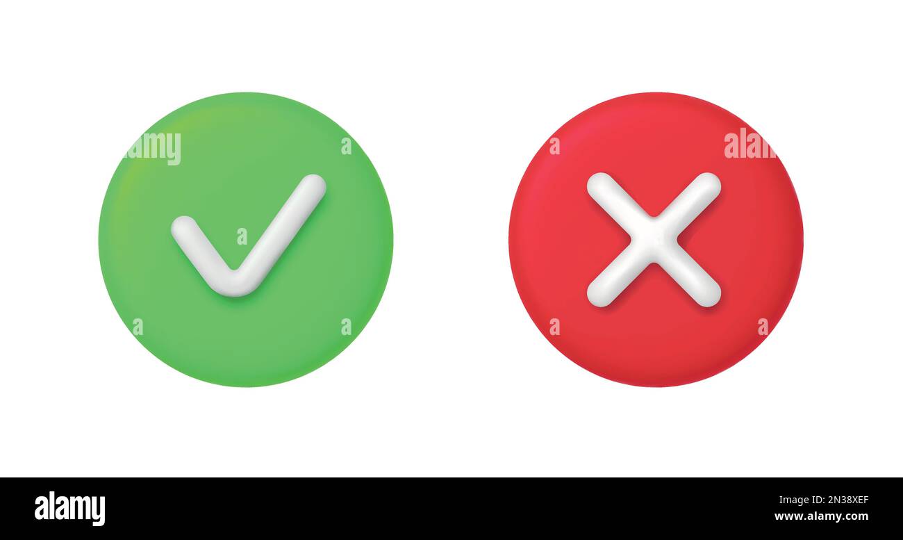 3D Right and Wrong Button in Round Shape. Green Yes and Red No Correct Incorrect Sign. Checkmark