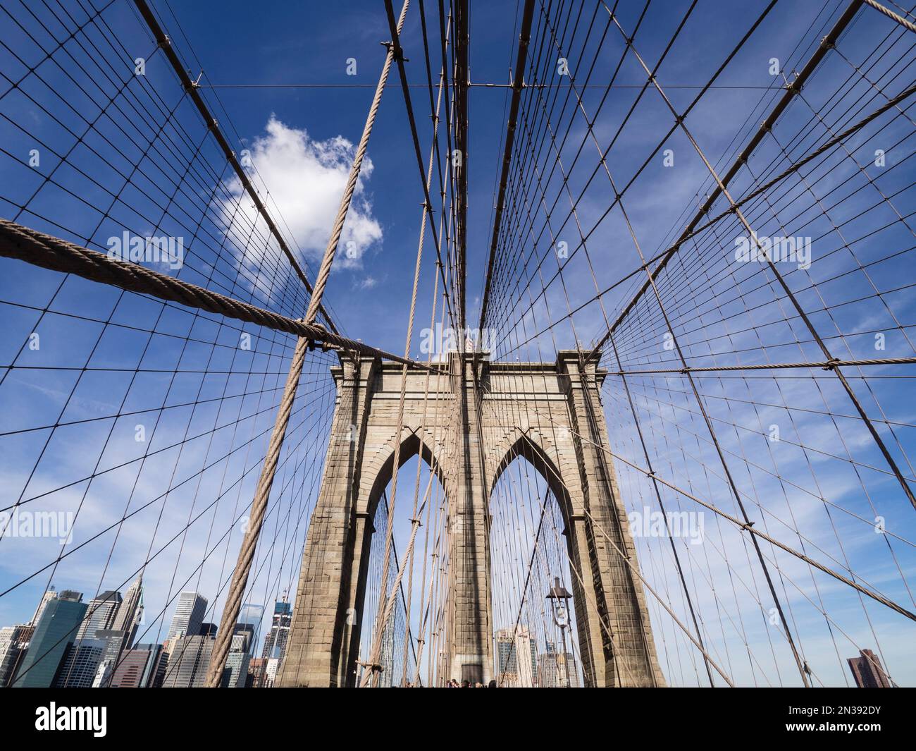 Manhattan Skyline from Brooklyn Bridge, Brooklyn, New York, USA Stock Photo