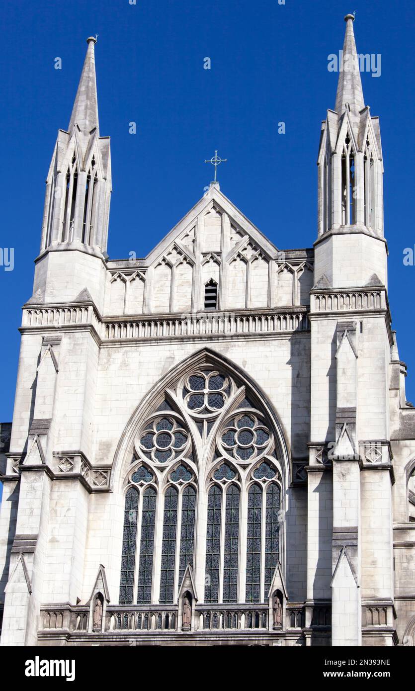 The facade of Gothic Revival Anglican St. Paul's Cathedral in Dunedin downtown (New Zealand). Stock Photo