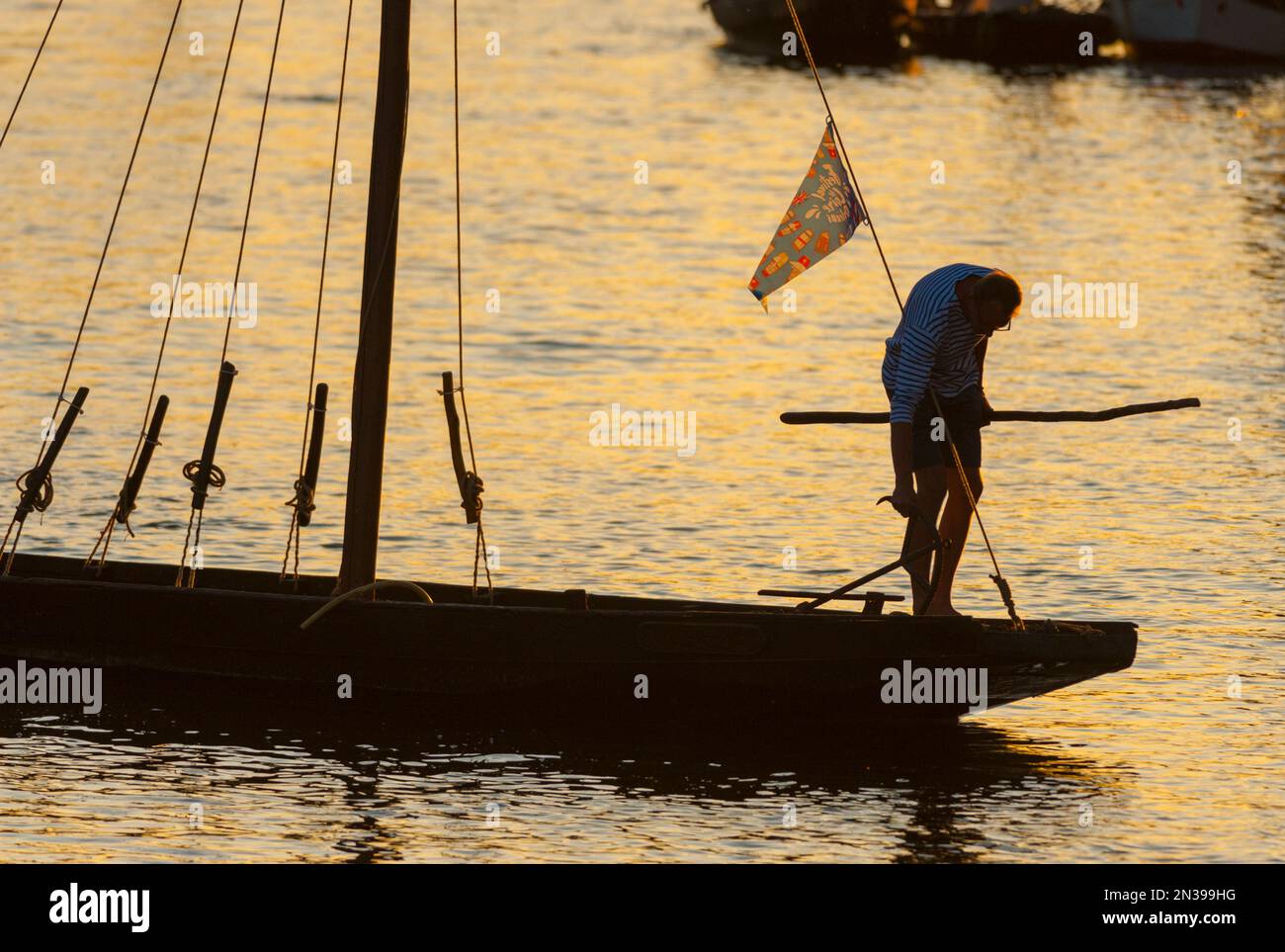France, Loiret (45), Orléans, Loire Festival 2019, river navigation in a traditional flat-bottomed boat at sunset Stock Photo