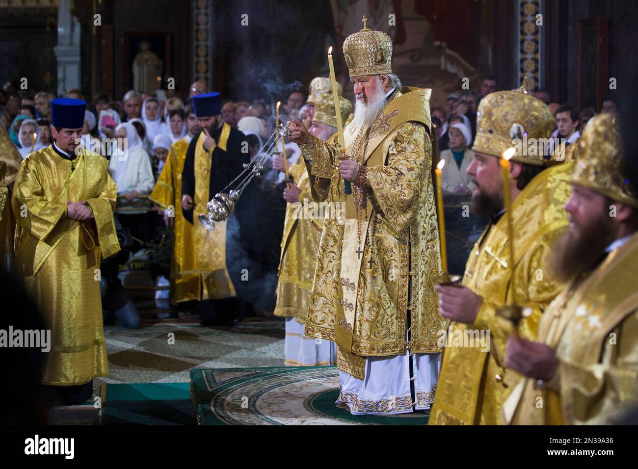 Russian Orthodox Patriarch Kirill, center, leads the Orthodox Christmas