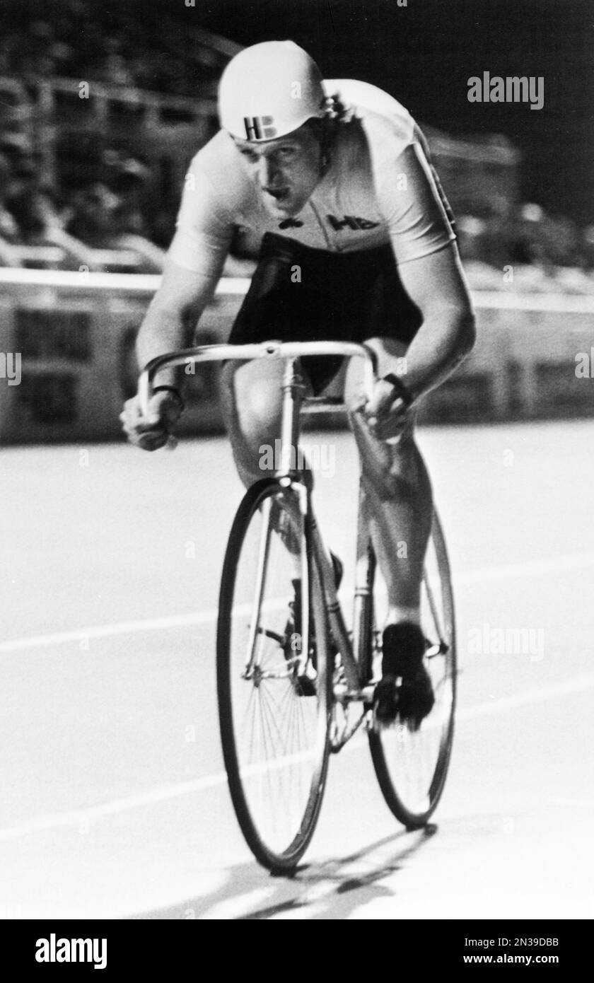 British cyclist Tony Doyle speeds towards the finish line to win the