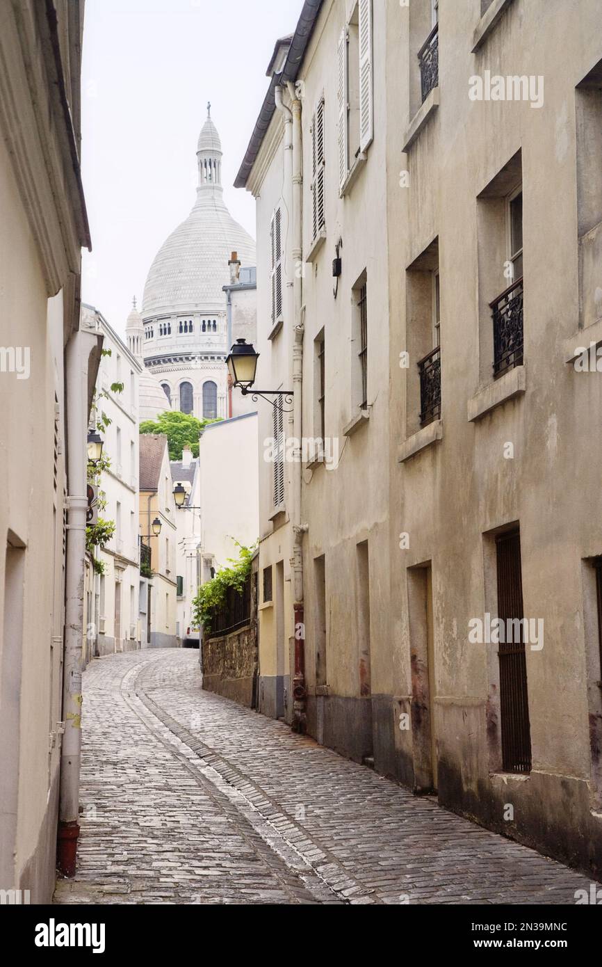 Street and Sacre Coeur, Montmartre, Paris, Ile de France, France Stock Photo