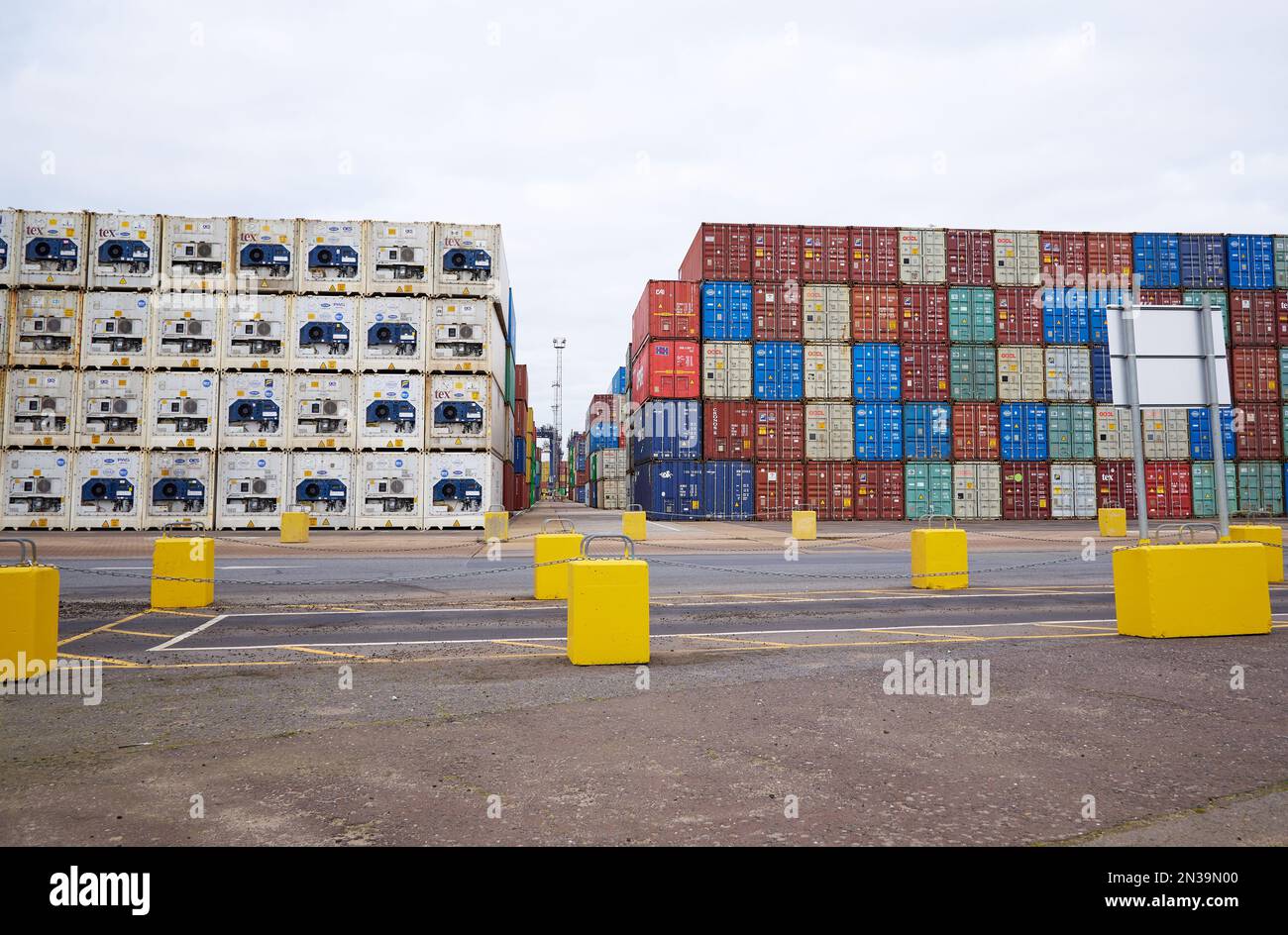 Shipping containers stored at Felixstowe Docks, Suffolk, UK Stock Photo