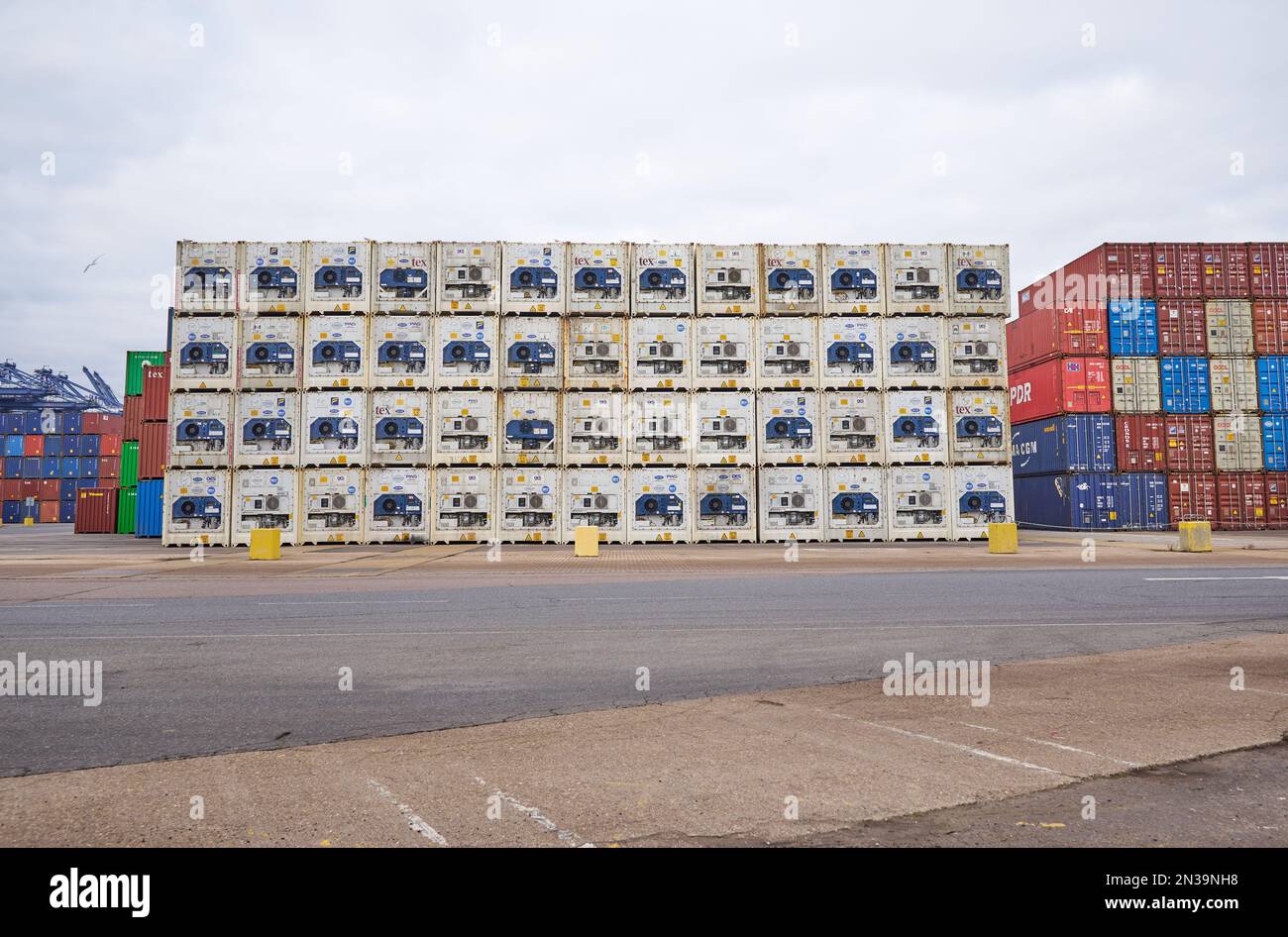 Shipping containers stored at Felixstowe Docks, Suffolk, UK Stock Photo