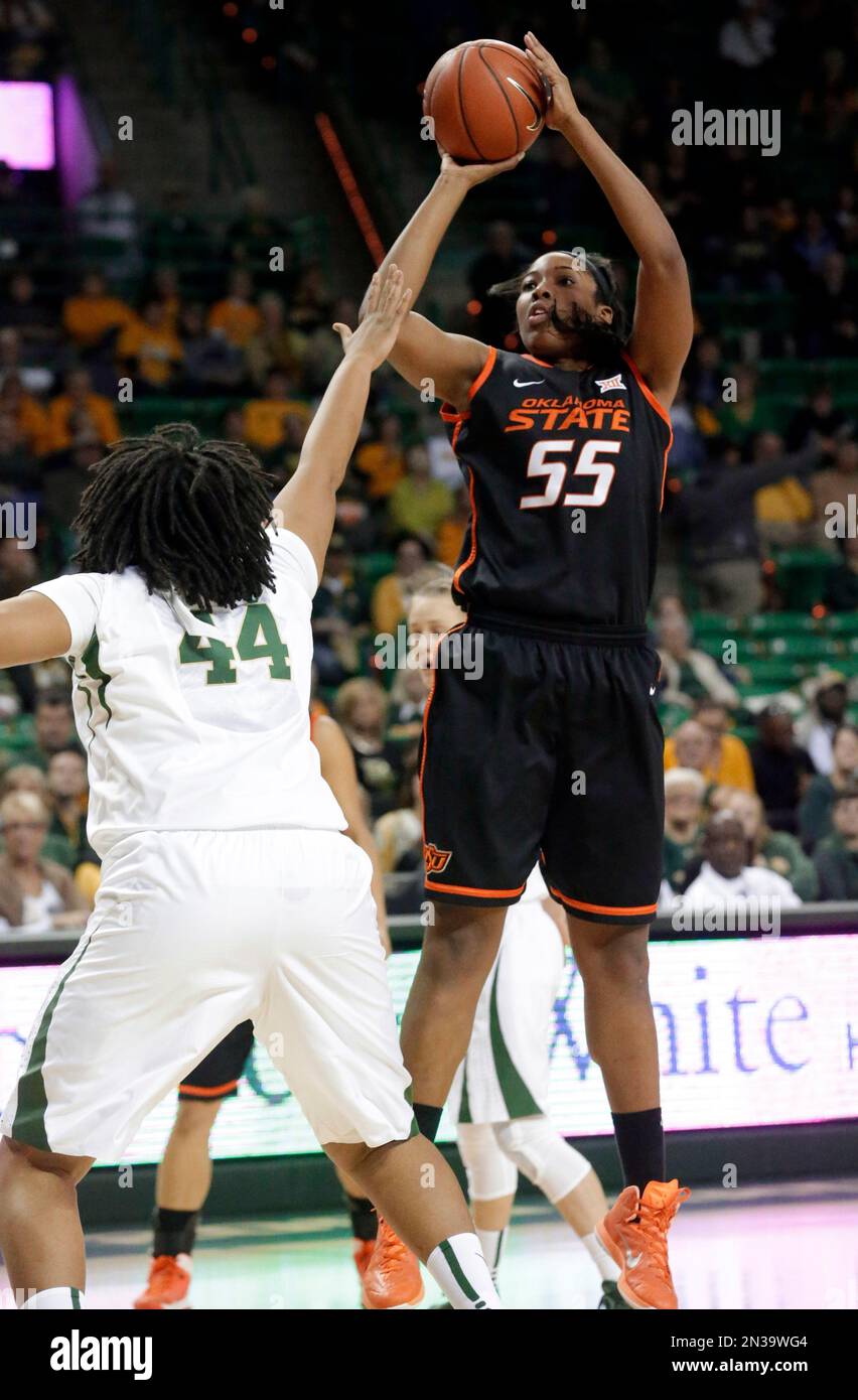 Oklahoma State center LaShawn Jones (55) shoots against Baylor forward