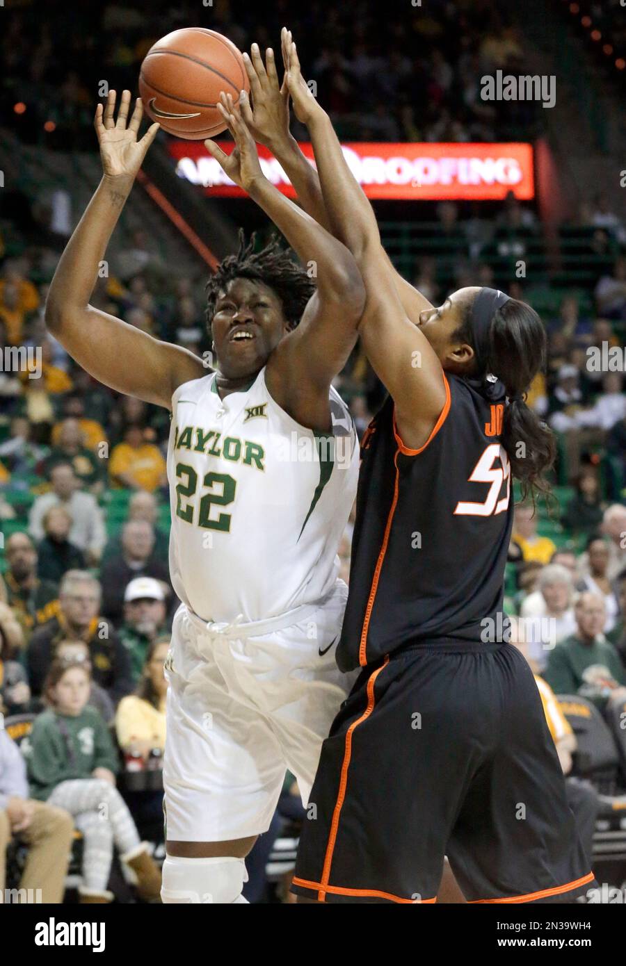 Baylor center Sune Agbuke (22) shot is blocked by Oklahoma State center
