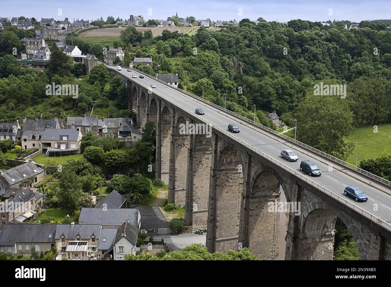 Viaduct and Old Port on River Rance, Dinan, Brittany, France Stock Photo