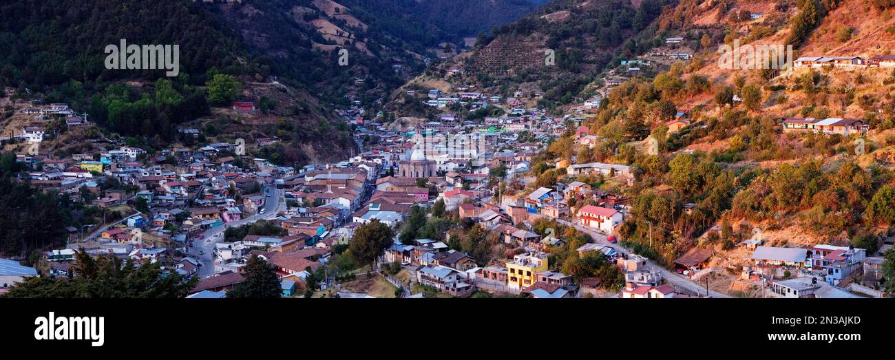 Overview of City in Valley, Angangueo, Michoacan, Mexico Stock Photo