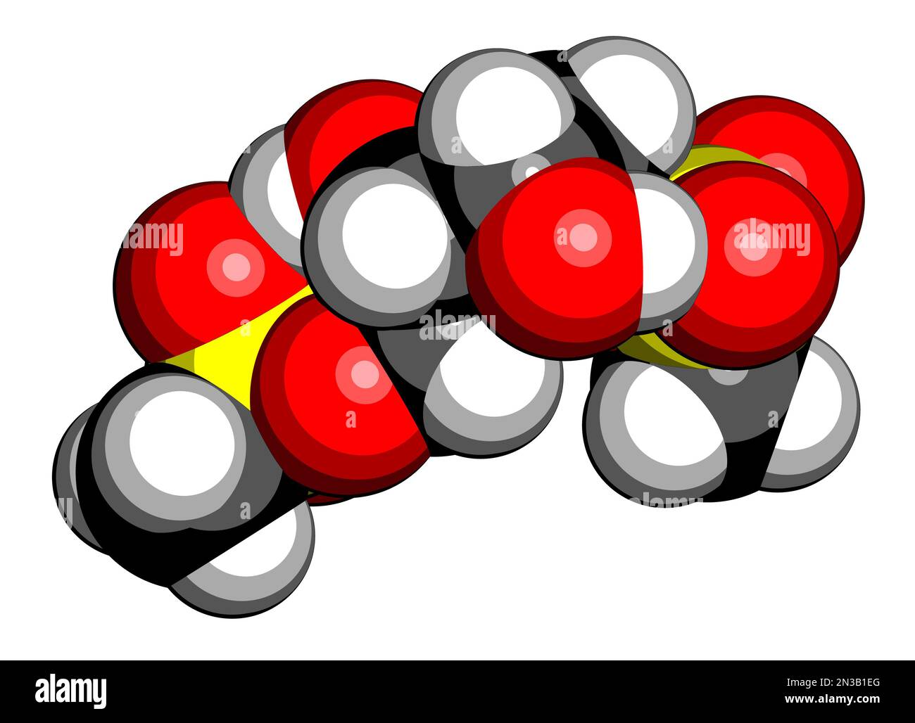 Treosulfan drug molecule. 3D rendering. Atoms are represented as spheres with conventional color coding: hydrogen (white), carbon (black), sulfur (yel Stock Photo