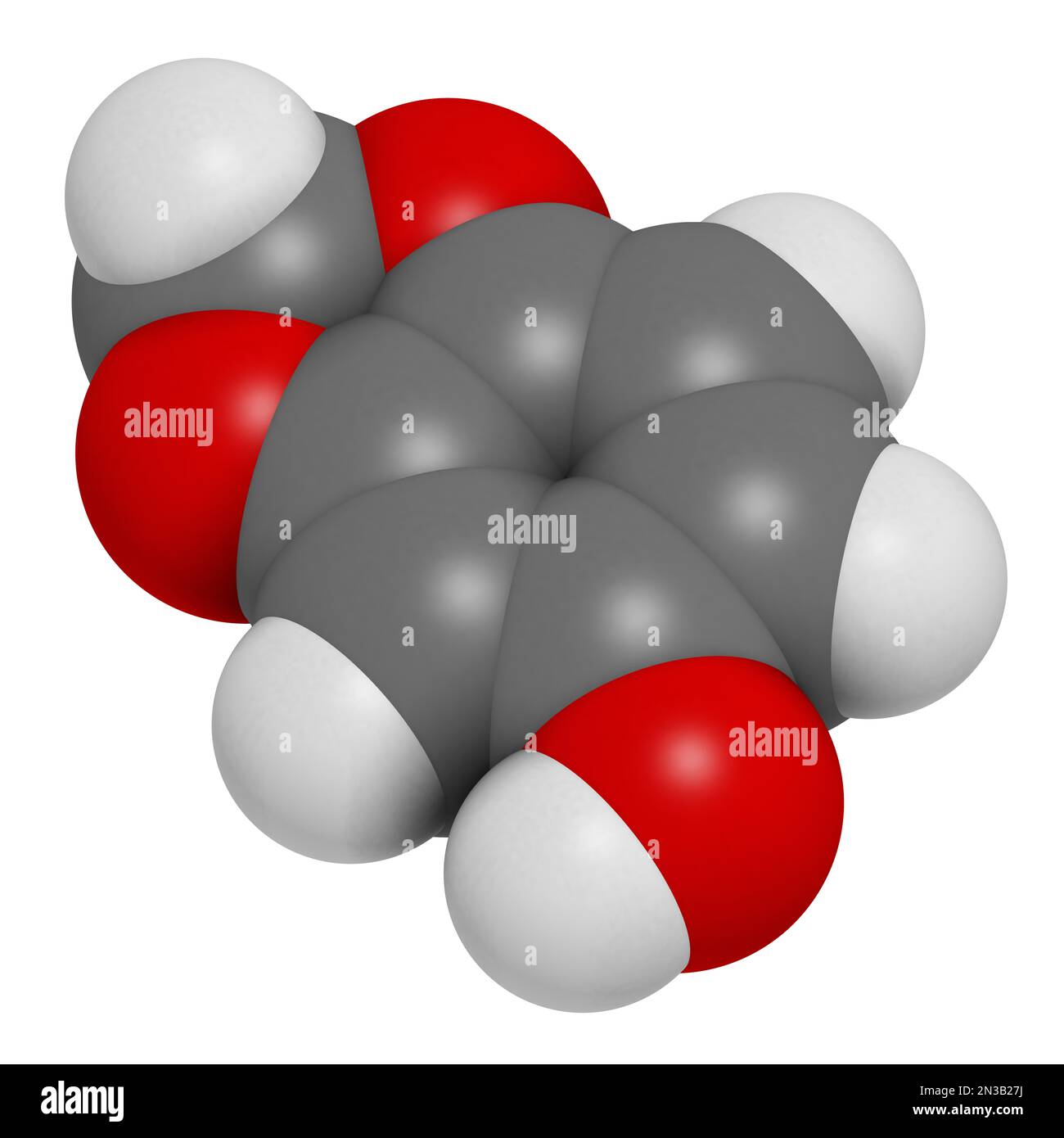 Sesamol herbal molecule. Present in sesame oil. 3D rendering. Atoms are represented as spheres with conventional color coding: hydrogen (white), carbo Stock Photo