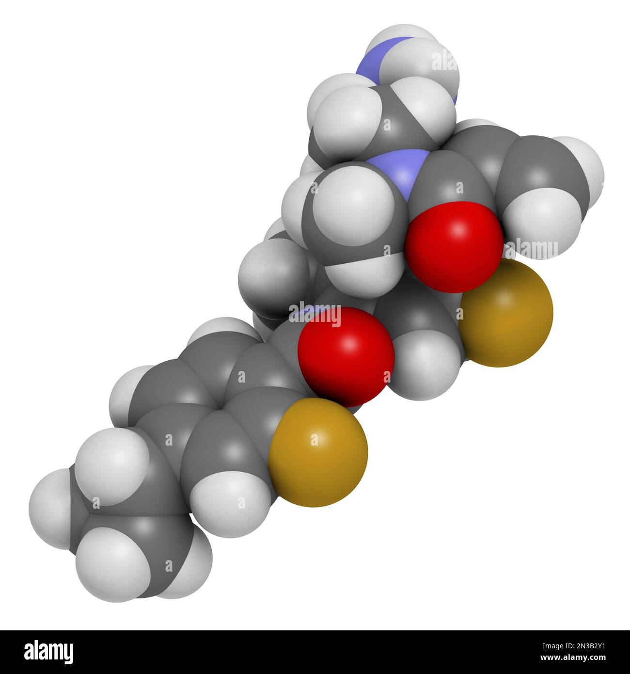 Remibrutinib drug molecule. 3D rendering. Atoms are represented as spheres with conventional color coding: hydrogen (white), carbon (grey), nitrogen ( Stock Photo
