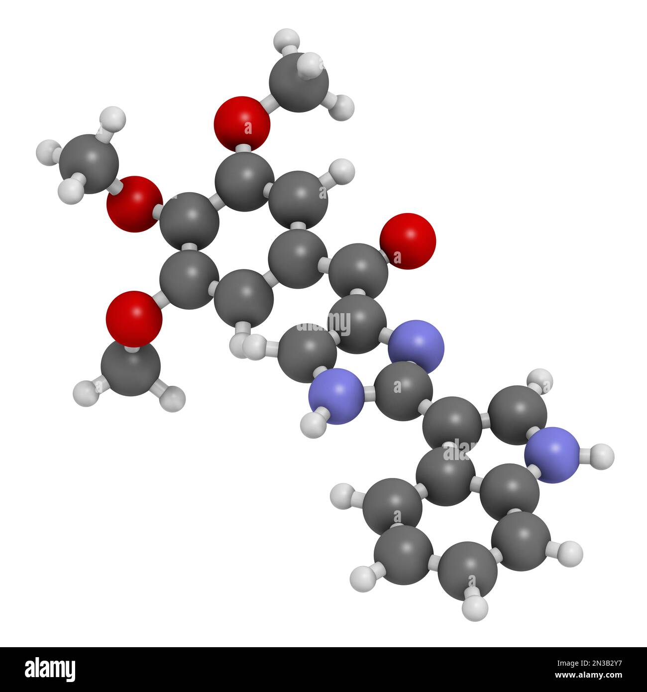 Sabizabulin drug molecule. 3D rendering. Atoms are represented as spheres with conventional color coding: hydrogen (white), carbon (grey), nitrogen (b Stock Photo