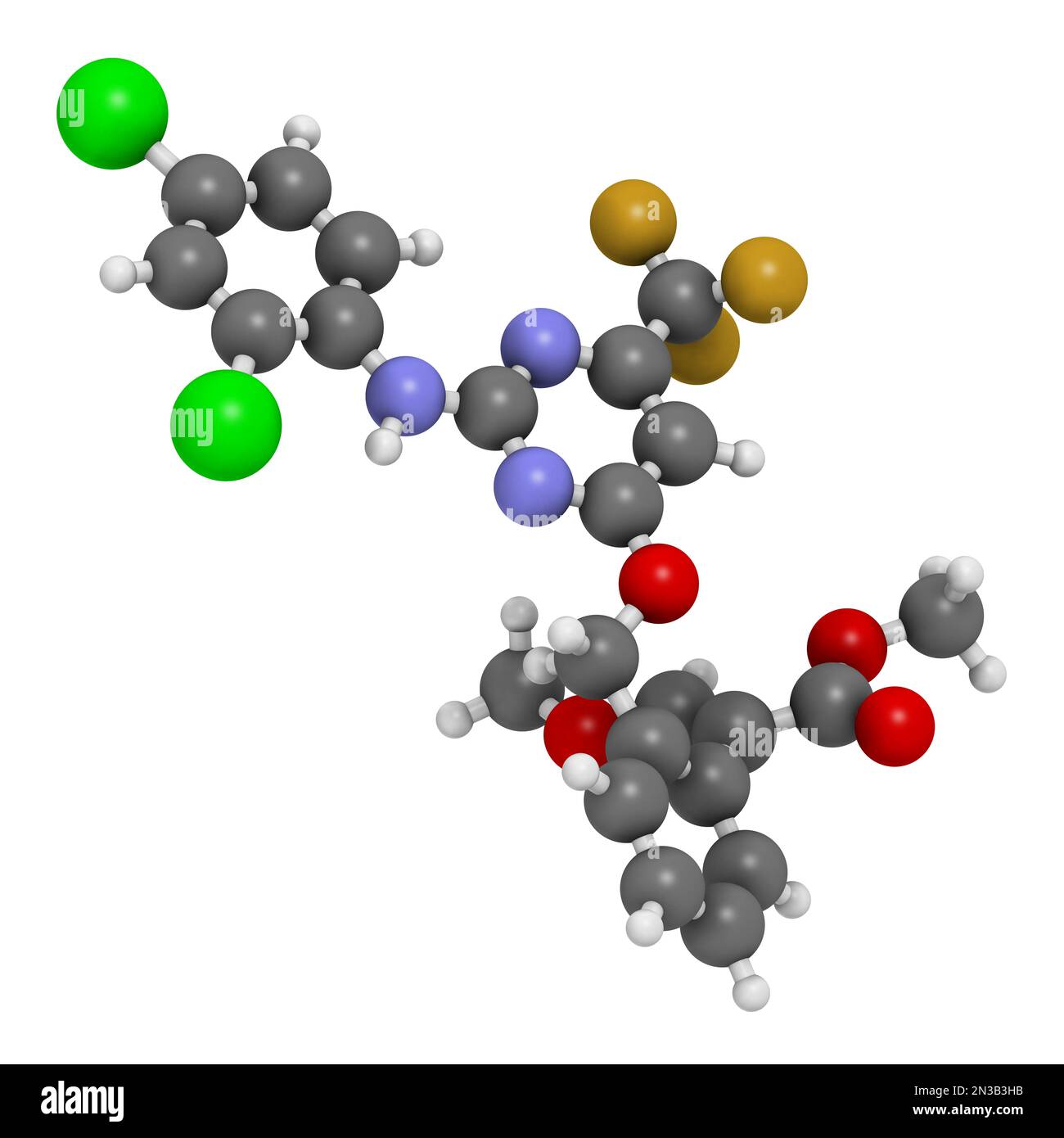 Pyriminostrobin insecticide molecule. 3D rendering. Atoms are represented as spheres with conventional color coding: hydrogen (white), carbon (grey), Stock Photo