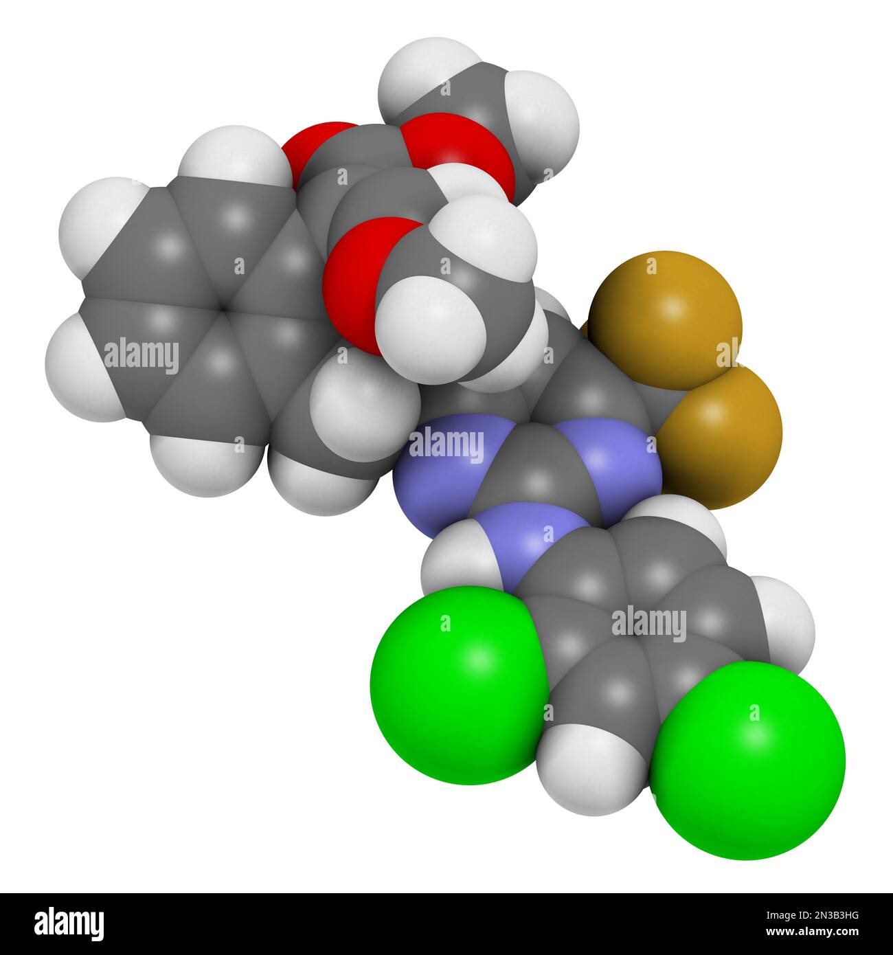 Pyriminostrobin insecticide molecule. 3D rendering. Atoms are ...