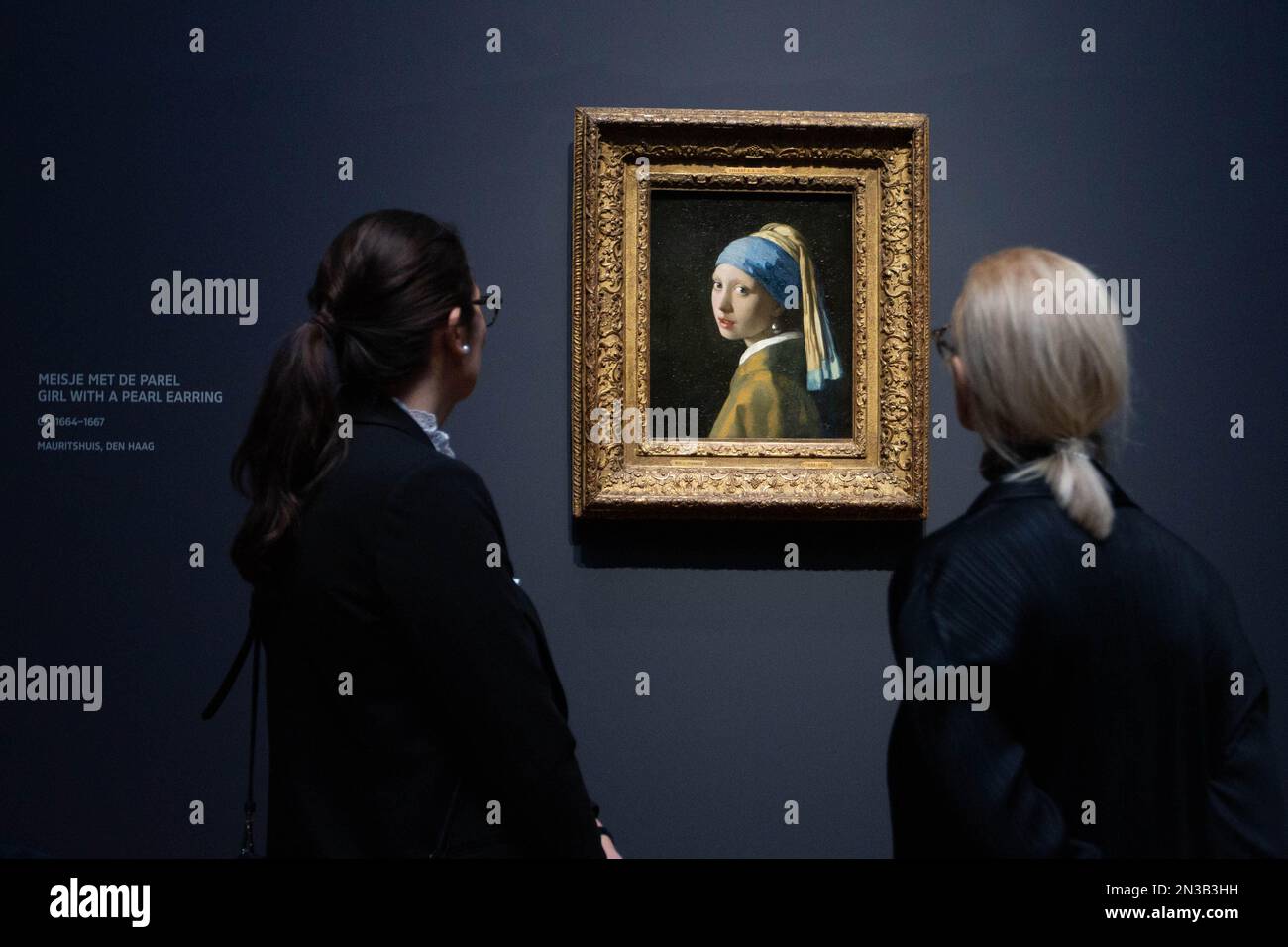 Amsterdam, Netherlands. 7th Feb, 2023. Visitors view the artwork Girl with a Pearl Earring by Dutch painter Johannes Vermeer during a press preview of an exhibition at Rijksmuseum in Amsterdam, the Netherlands, on Feb. 7, 2023. With loans from all over the world, the exhibition is expected to be the largest Vermeer exhibition ever and is scheduled to open to the public from Feb. 10 to June 4. Credit: Sylvia Lederer/Xinhua/Alamy Live News Stock Photo