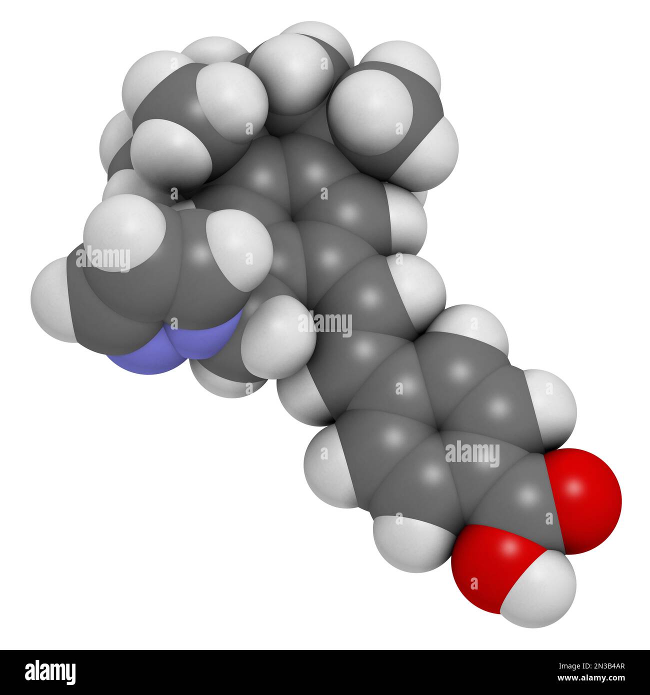 Palovarotene drug molecule. 3D rendering. Atoms are represented as spheres with conventional color coding: hydrogen (white), carbon (grey), nitrogen ( Stock Photo