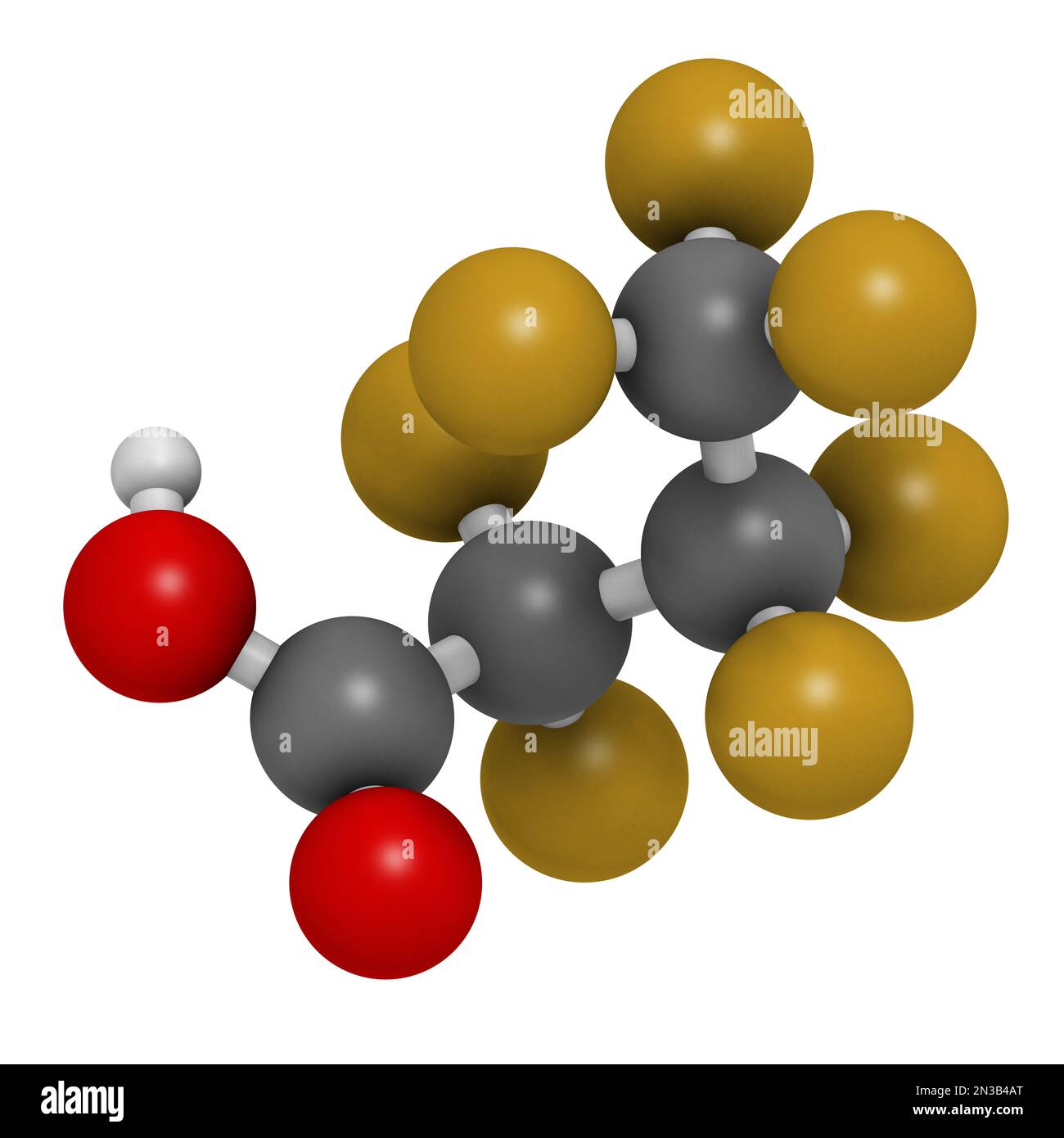 Perfluorobutanoic acid molecule. Also now as heptafluorobutyric acid (HFBA). 3D rendering. Atoms are represented as spheres with conventional color co Stock Photo