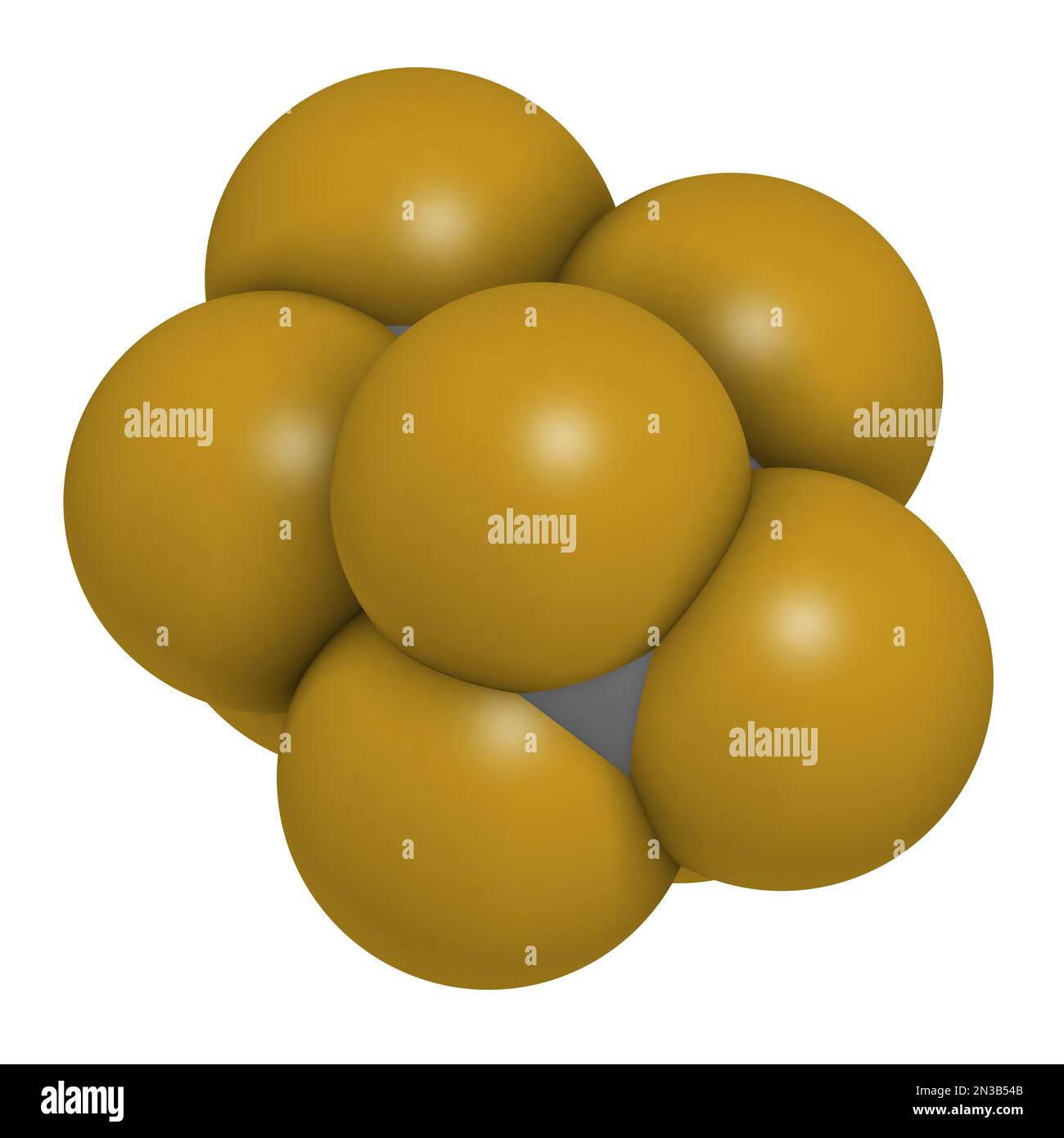 Octafluoropropane perfluorocarbon molecule. 3D rendering. Atoms are represented as spheres with conventional color coding: carbon (grey), fluorine (go Stock Photo