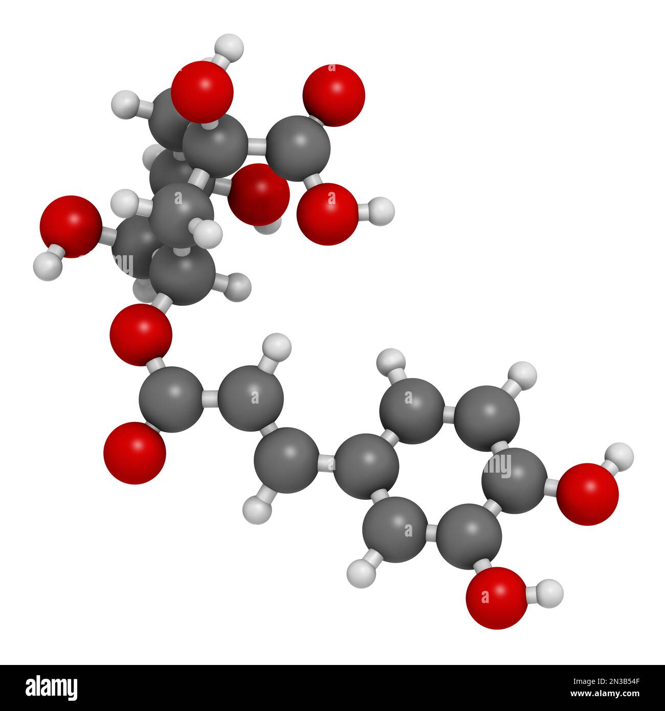 Neochlorogenic acid molecule. 3D rendering. Atoms are represented as spheres with conventional color coding: hydrogen (white), carbon (grey), oxygen ( Stock Photo