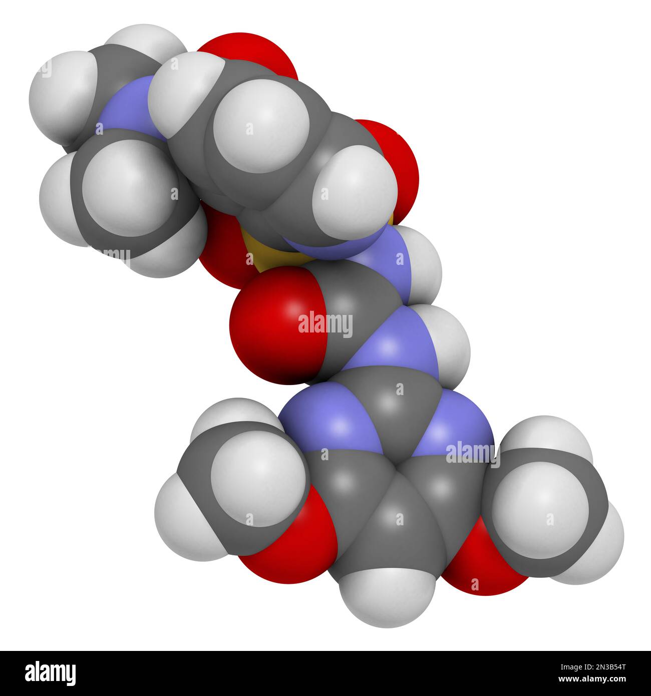 Nicosulfuron systemic herbicide molecule. 3D rendering. Atoms are represented as spheres with conventional color coding: hydrogen (white), carbon (gre Stock Photo