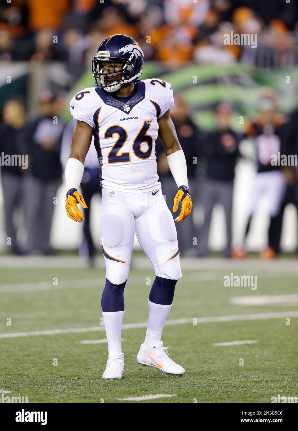 Denver Broncos' Rahim Moore stretches during an NFL football