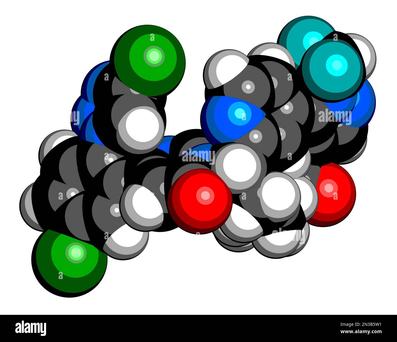 Milvexian anticoagulant drug molecule. 3D rendering. Atoms are represented as spheres with conventional color coding: hydrogen (white), carbon (black) Stock Photo