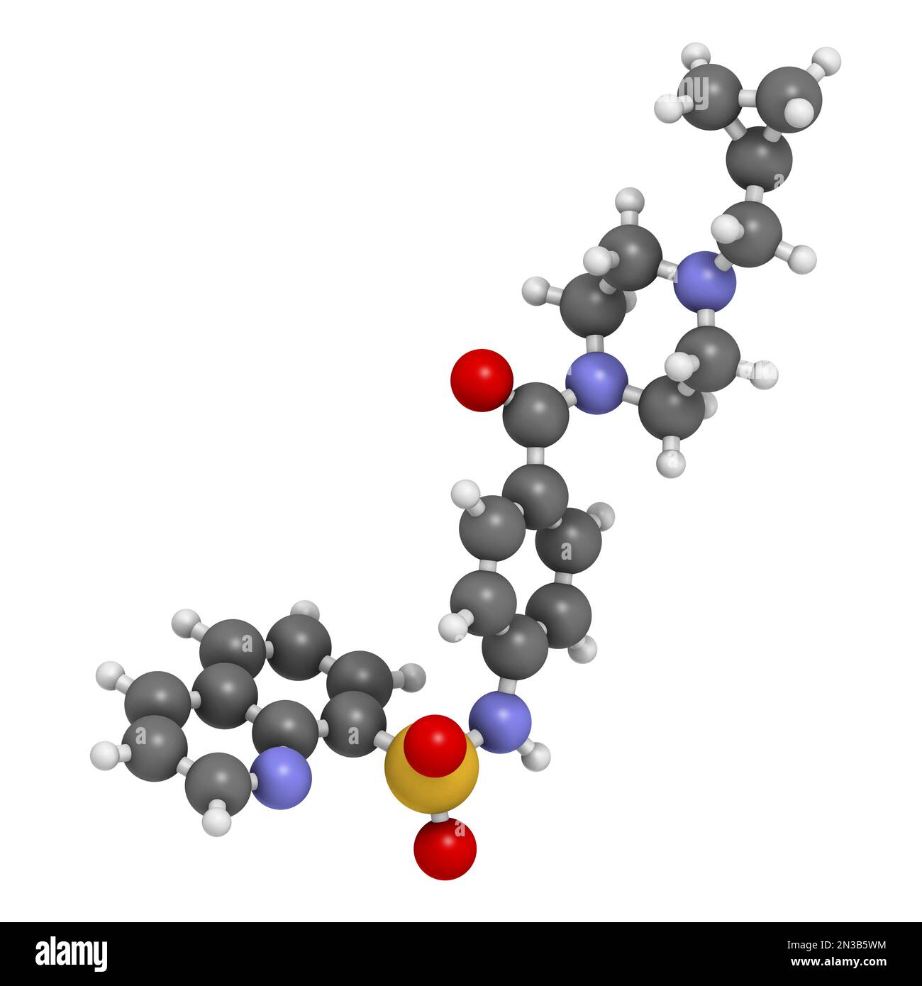 Mitapivat hemolytic anemia drug molecule. 3D rendering. Atoms are represented as spheres with conventional color coding: hydrogen (white), carbon (gre Stock Photo