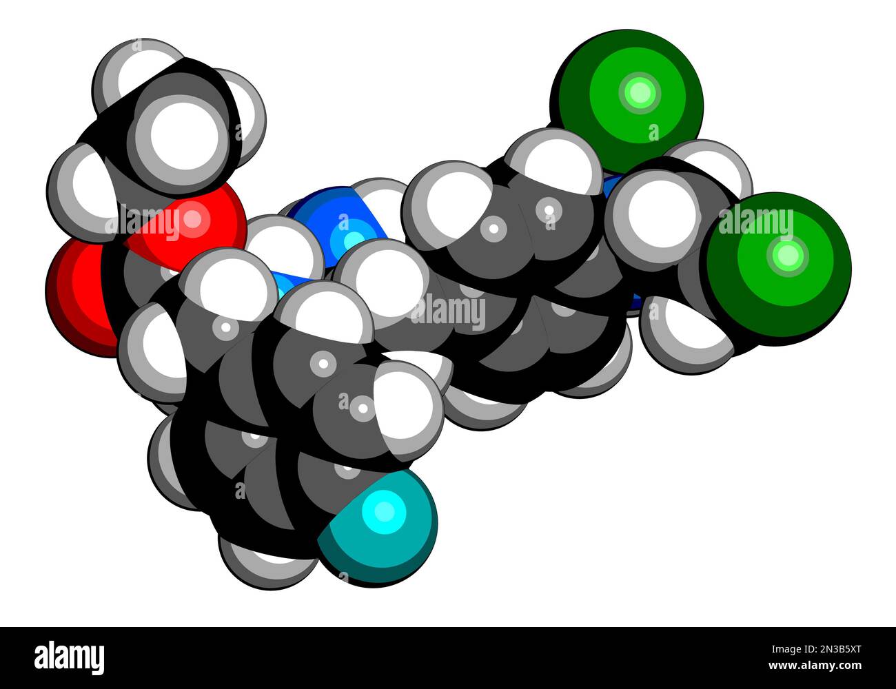 Melphalan flufenamide cancer drug molecule. 3D rendering. Atoms are represented as spheres with conventional color coding: hydrogen (white), carbon (b Stock Photo