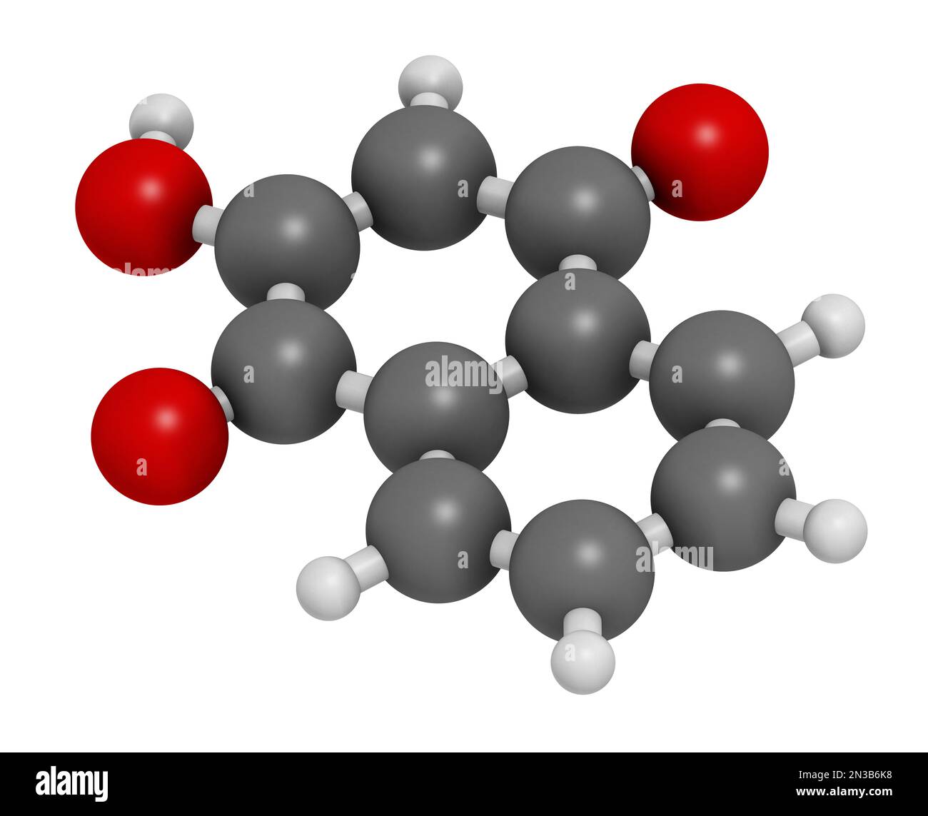 Lawsone (hennotannic acid) henna dye molecule. 3D rendering. Atoms are represented as spheres with conventional color coding: hydrogen (white), carbon Stock Photo