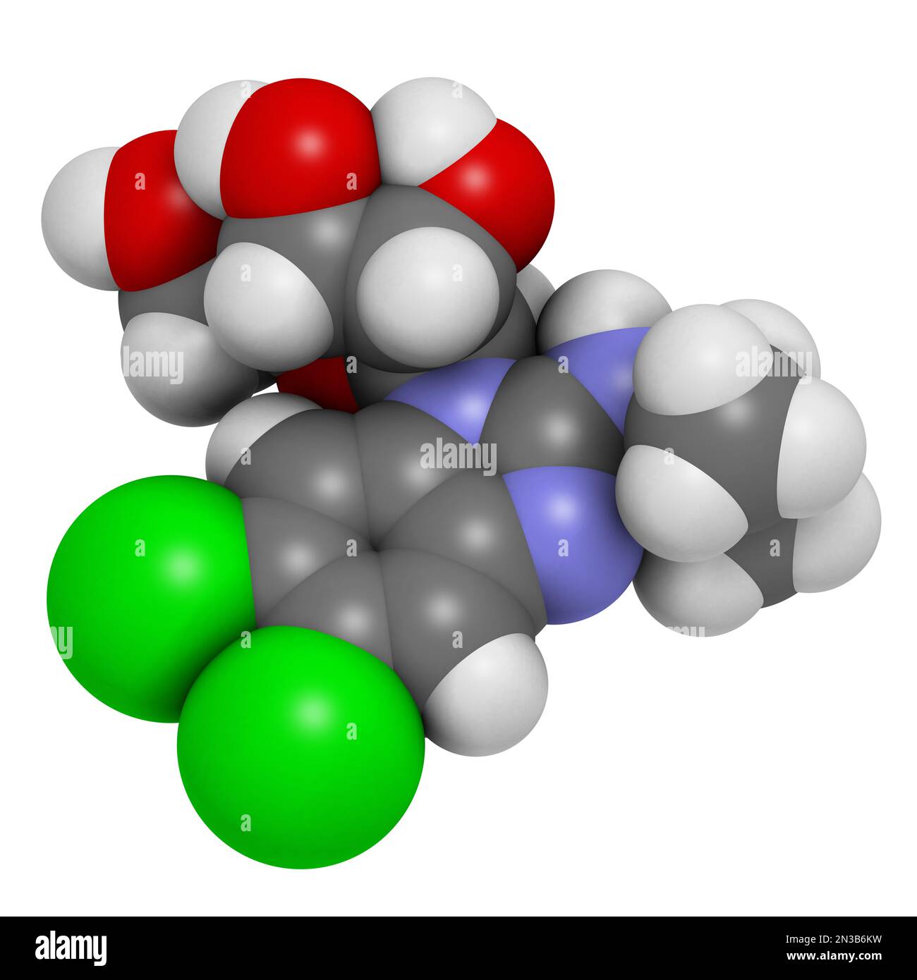 Maribavir antiviral drug molecule. 3D rendering. Atoms are represented as spheres with conventional color coding: hydrogen (white), carbon (grey), nit Stock Photo