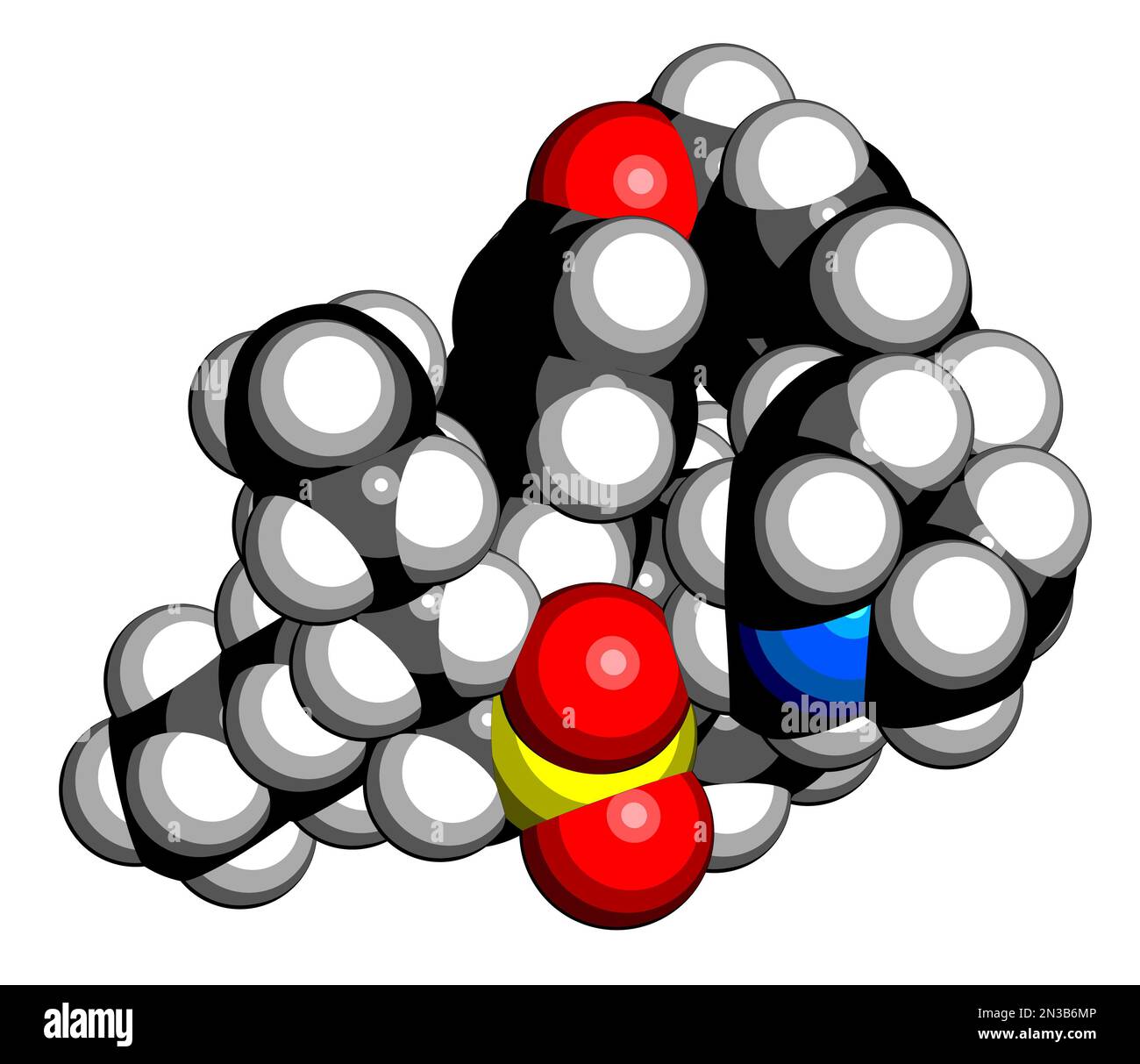 Maralixibat drug molecule. 3D rendering. Atoms are represented as spheres with conventional color coding: hydrogen (white), carbon (black), nitrogen ( Stock Photo