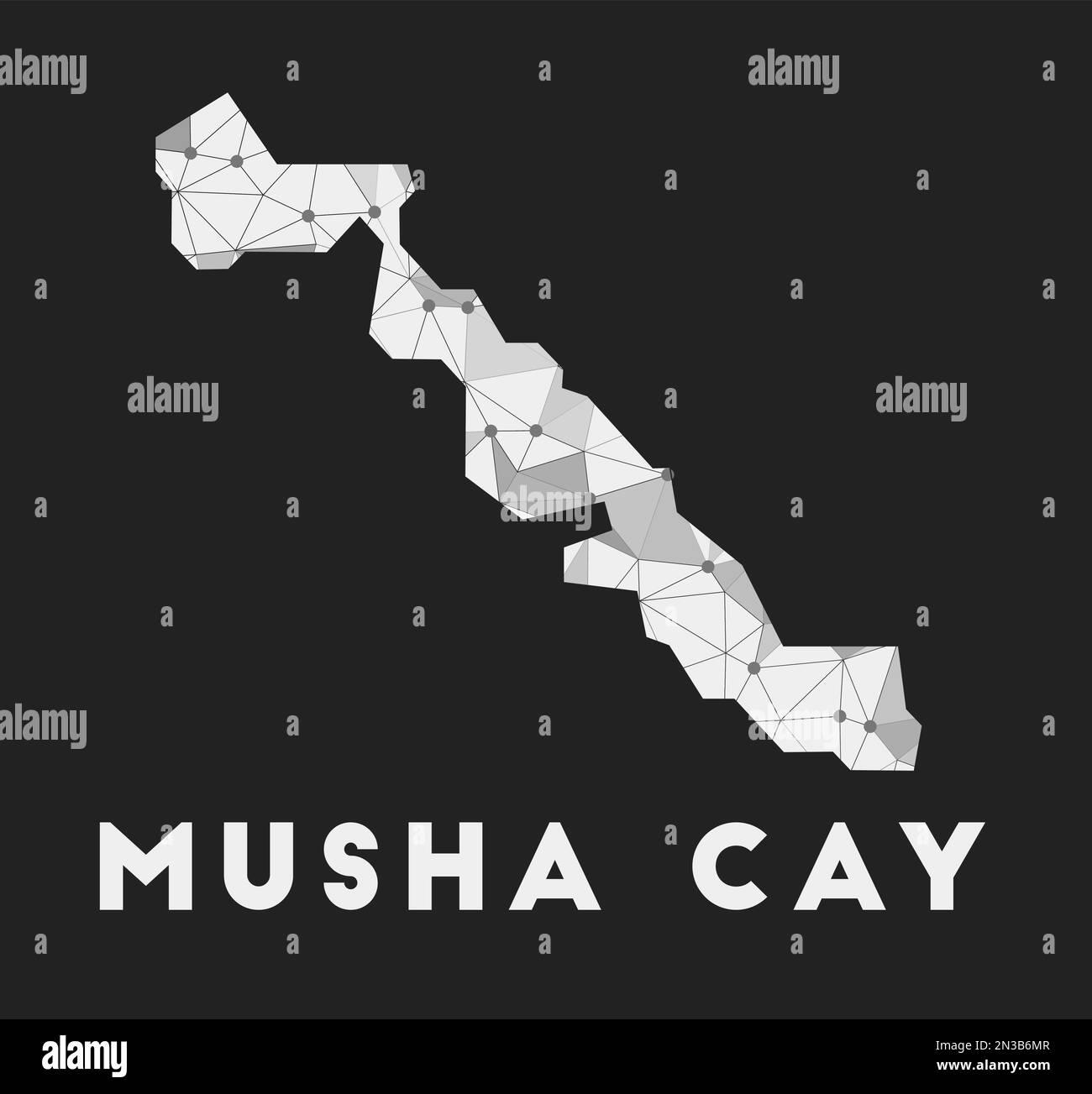 Musha Cay - communication network map of island. Musha Cay trendy geometric design on dark background. Technology, internet, network, telecommunicatio Stock Vector