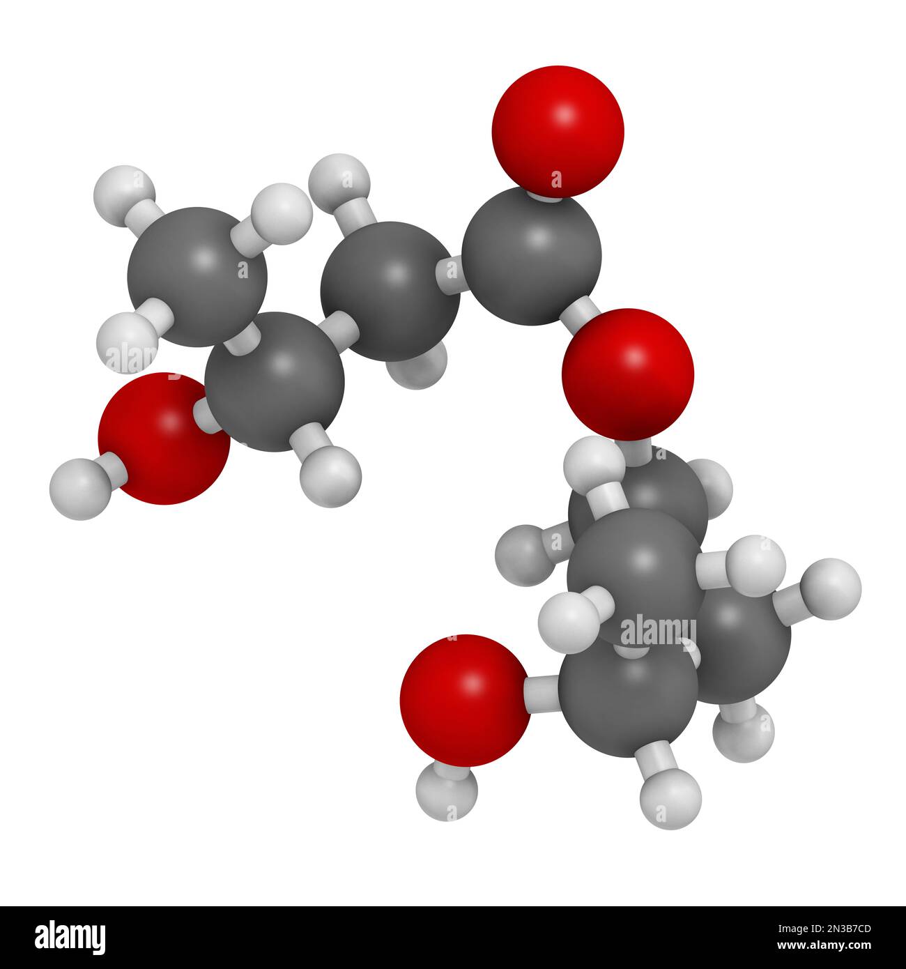 β-hydroxybutyrate-(R)-1,3-butanediol monoester (ketone ester) molecule. Used as food and sports supplement. 3D rendering. Atoms are represented as sph Stock Photo