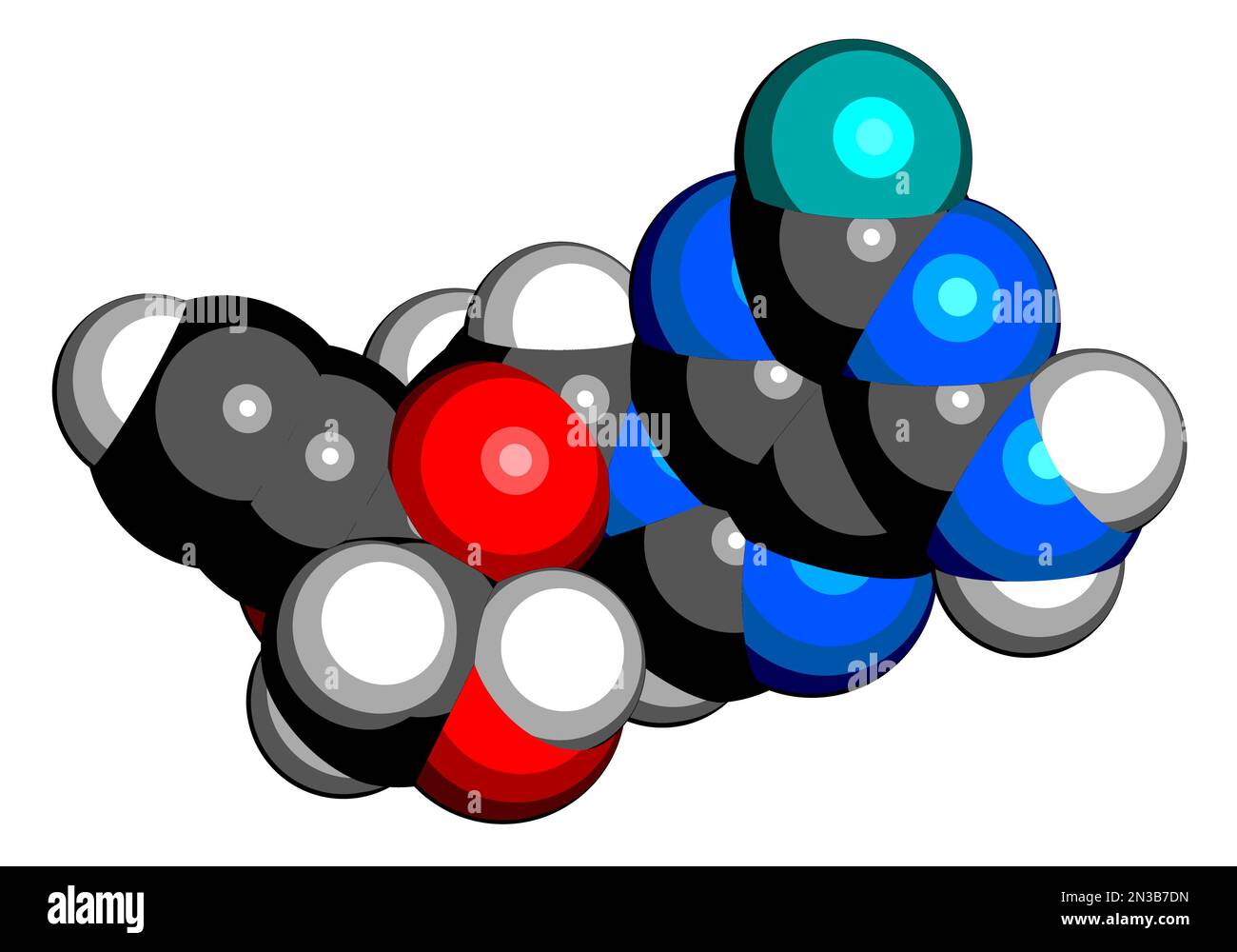 Islatravir HIV drug molecule. 3D rendering. Atoms are represented as spheres with conventional color coding: hydrogen (white), carbon (black), nitroge Stock Photo