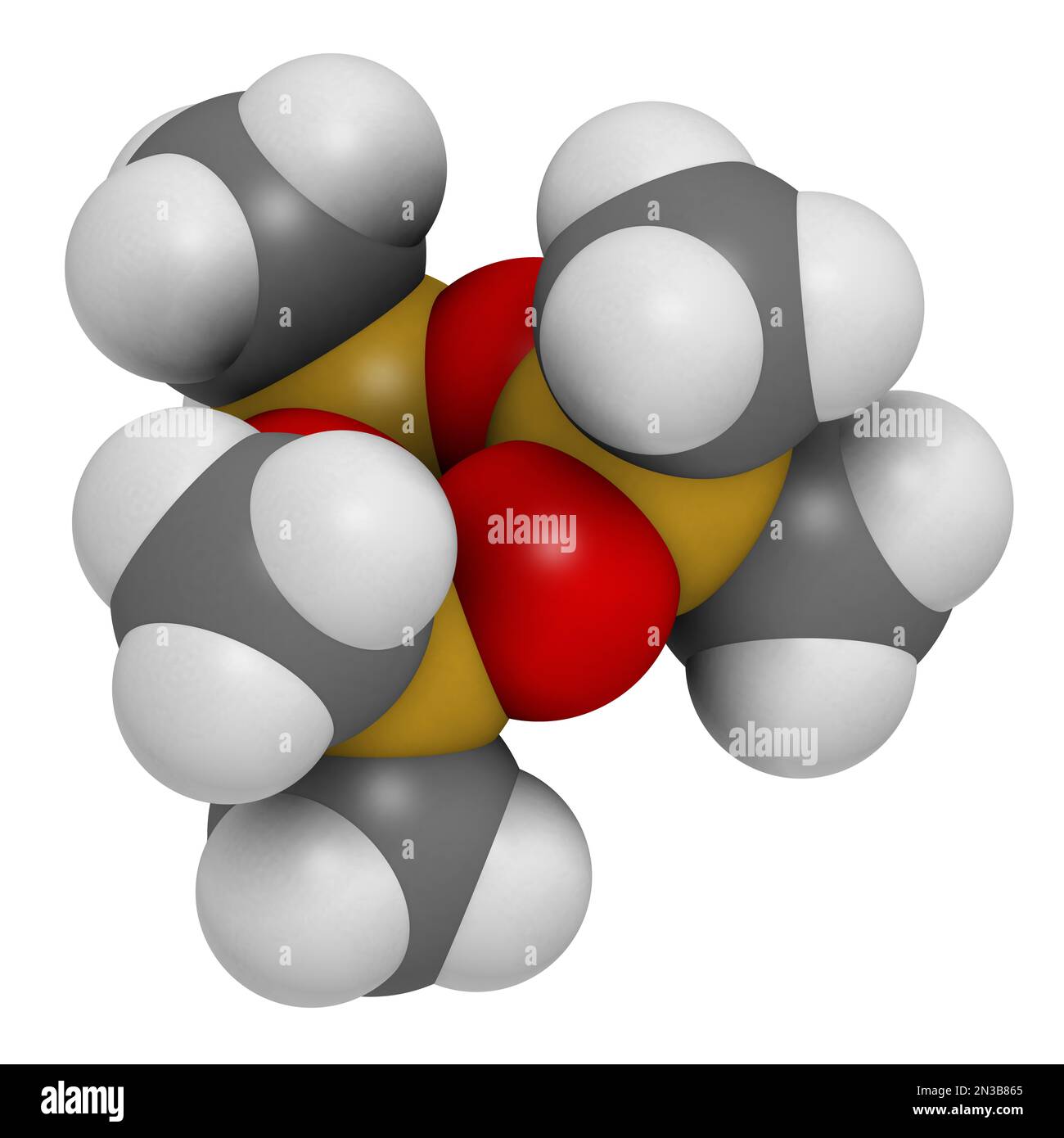 Hexamethylcyclotrisiloxane (D3) cyclic organosilicon molecule. 3D rendering. Atoms are represented as spheres with conventional color coding: hydrogen Stock Photo