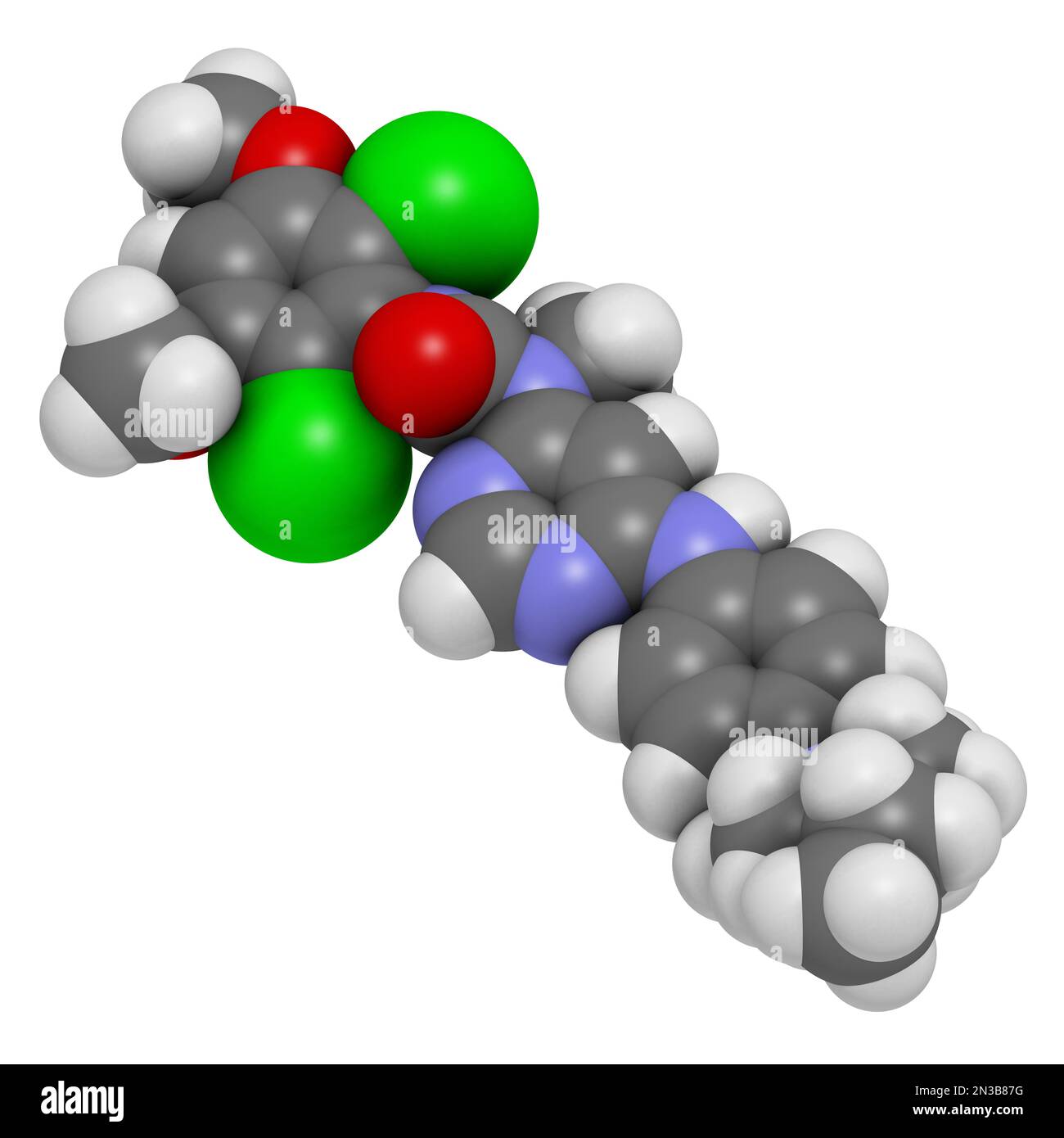 Infigratinib drug molecule. 3D rendering. Atoms are represented as spheres with conventional color coding: hydrogen (white), carbon (grey), nitrogen ( Stock Photo