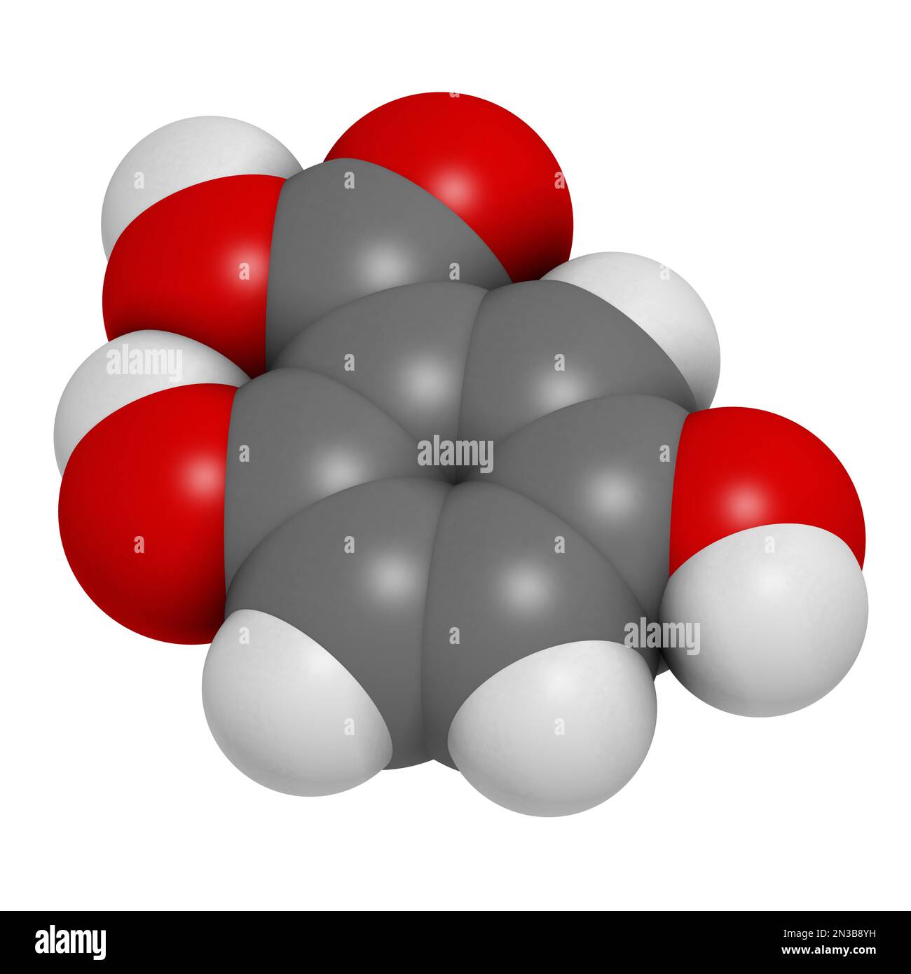Gentisic acid molecule. 3D rendering. Atoms are represented as spheres with conventional color coding: hydrogen (white), carbon (grey), oxygen (red). Stock Photo