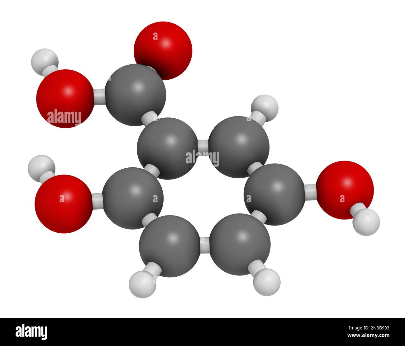 Gentisic acid molecule. 3D rendering. Atoms are represented as spheres with conventional color coding: hydrogen (white), carbon (grey), oxygen (red). Stock Photo